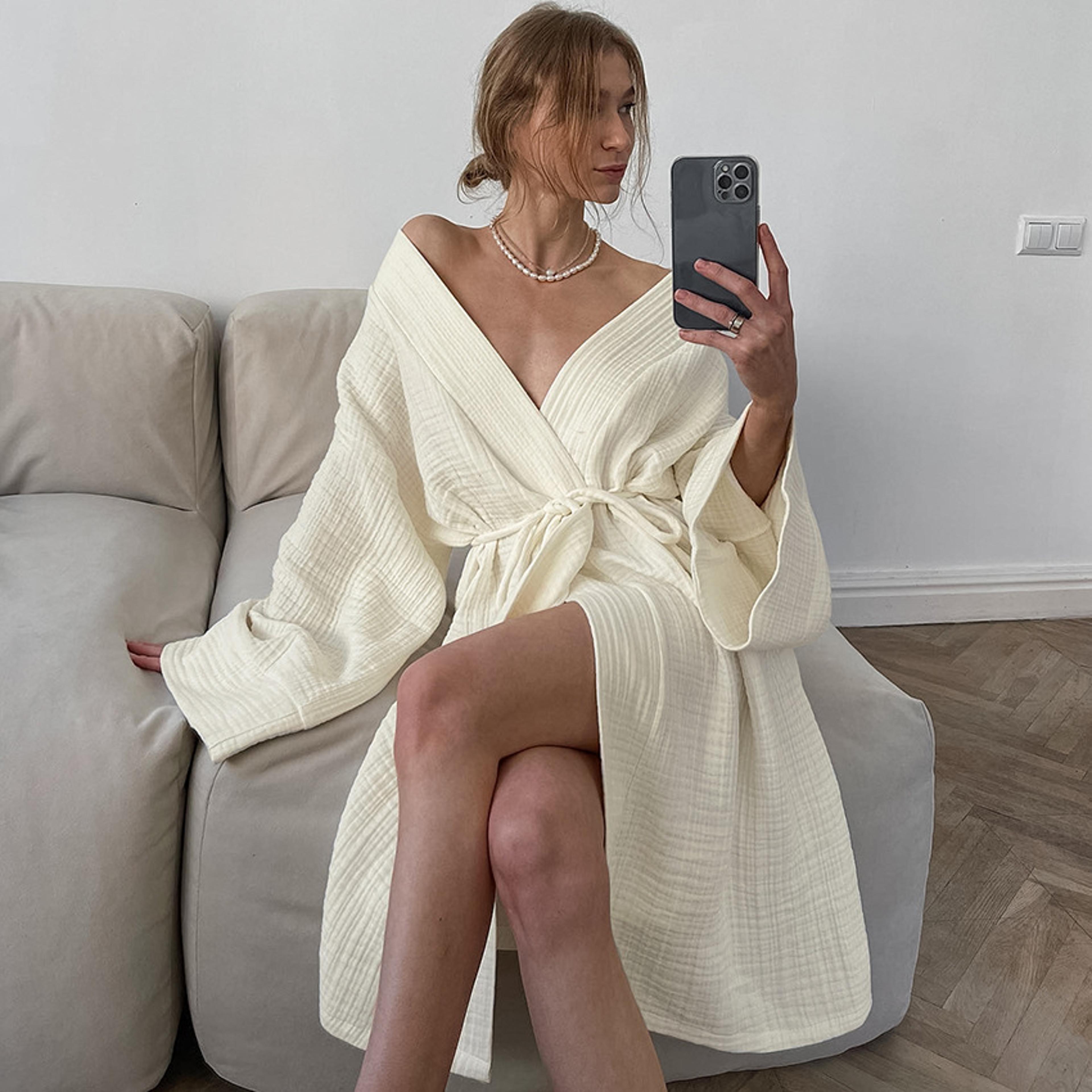 cotton women's nightgown gown robe, spring summer long sleeve cardigan gown, morning pajamas for home clothes