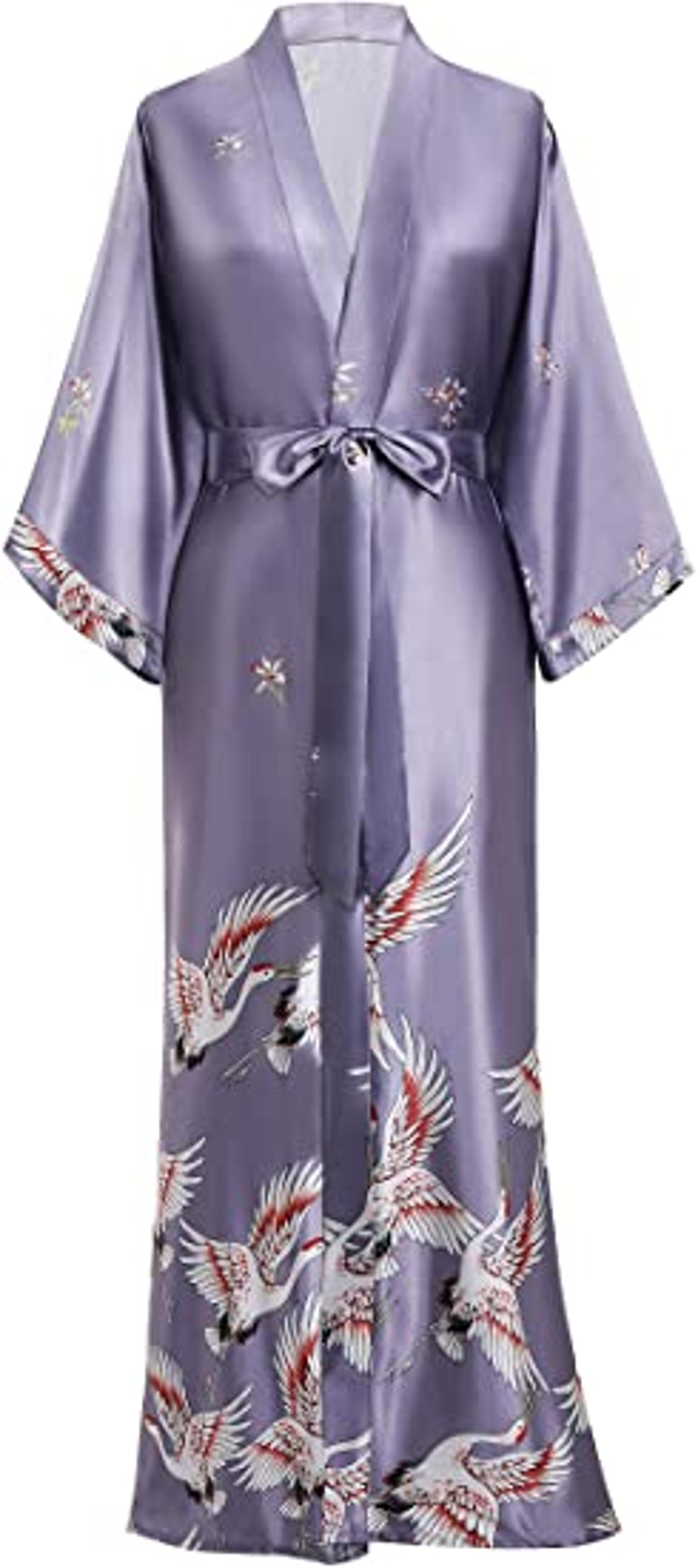 soft satin nightgown sleepwear, print crane lady bathrobe gown, women wedding robe loose, v-neck long novelty nightwear