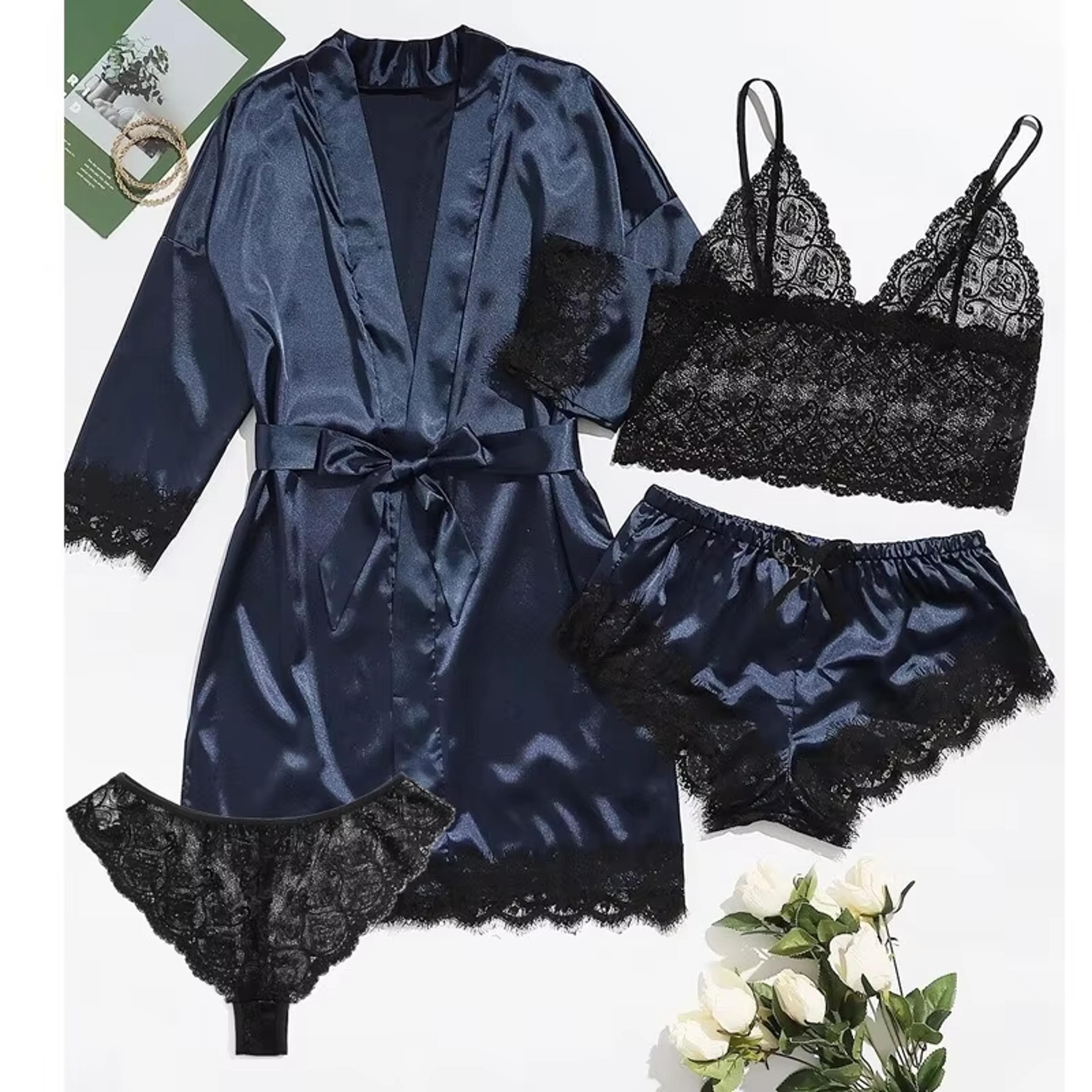 sexy pajama set with lace trim, faux silk satin gown, women's fashion pajama print, comfort loungewear