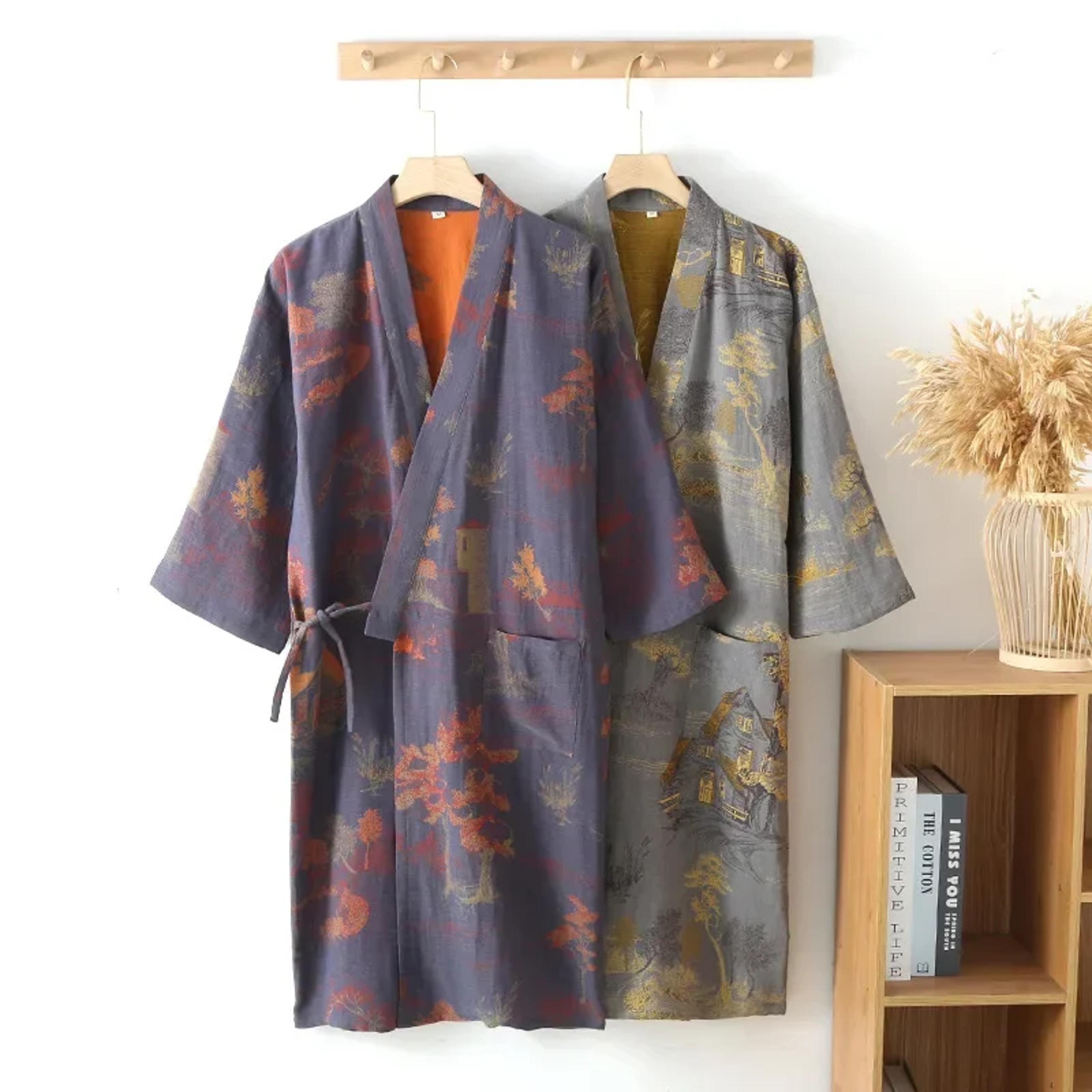 men's jacquard printed robes for spring, oversized cotton pajamas, medium length roomwear bathrobe