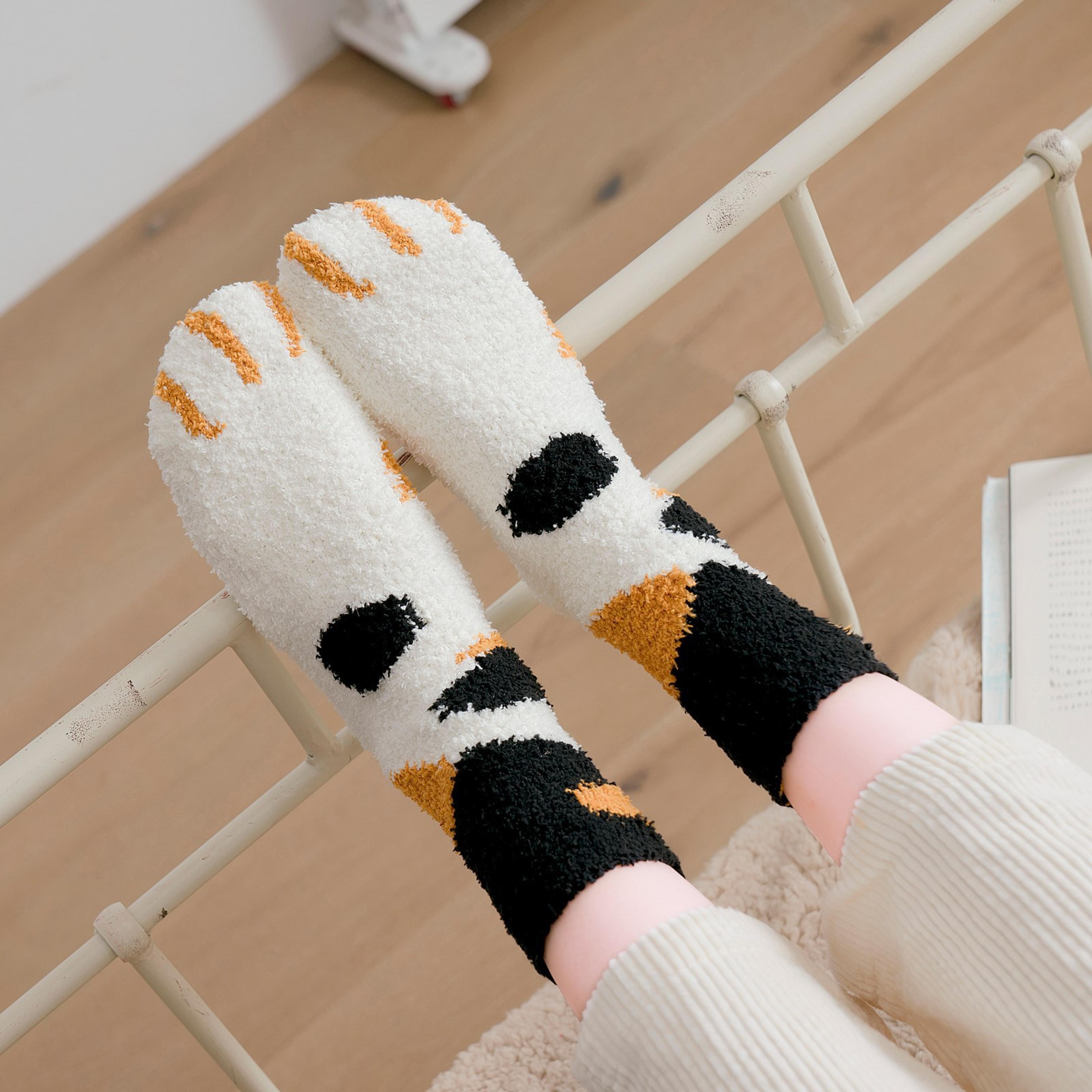 women winter warm fluffy socks, thick coral fleece home socks, cute animal claw cat paw footprint, fuzzy sleep socks
