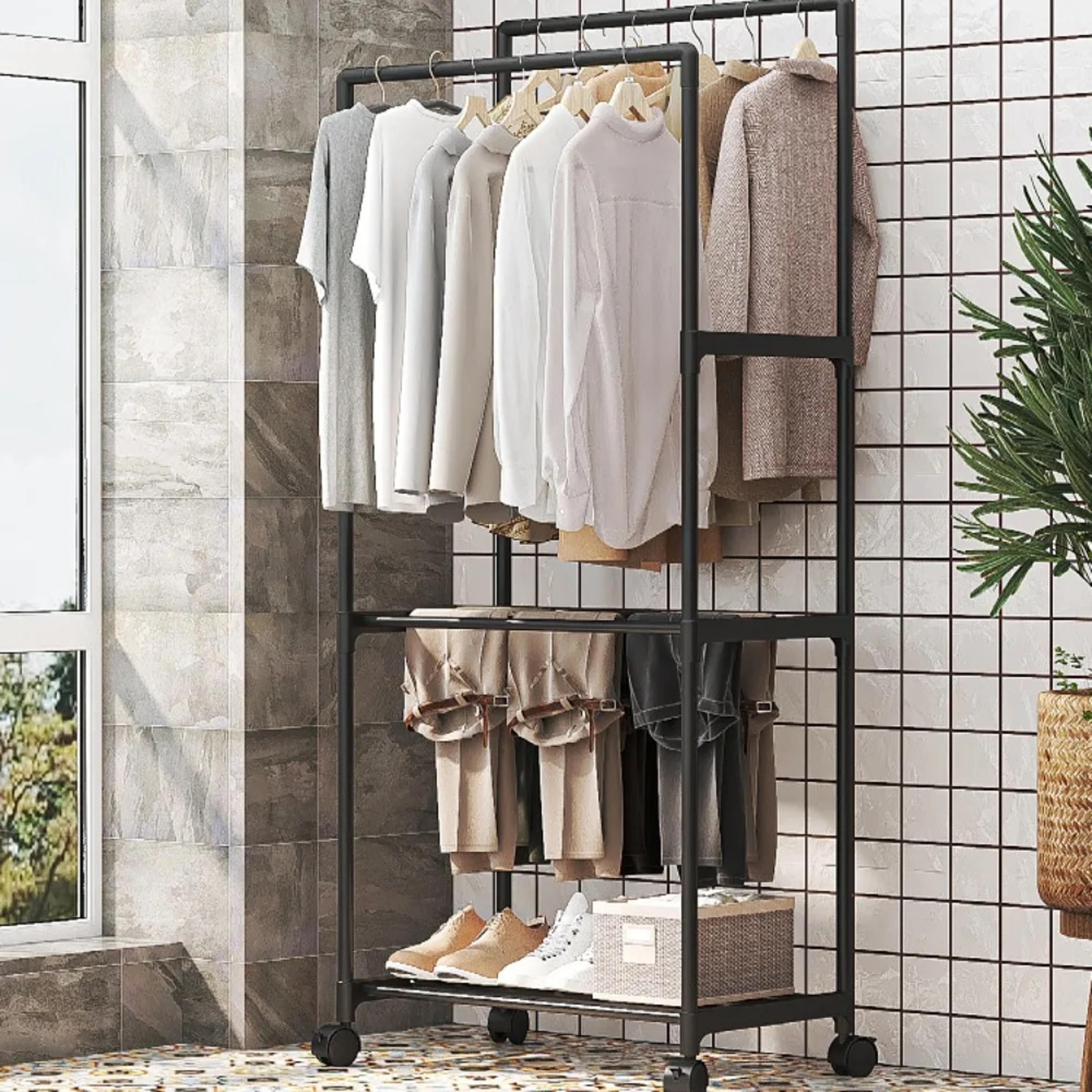 multifunctional coat rack double pole with shelf for entryway, durable sturdy design, storage shelves, standing wheels