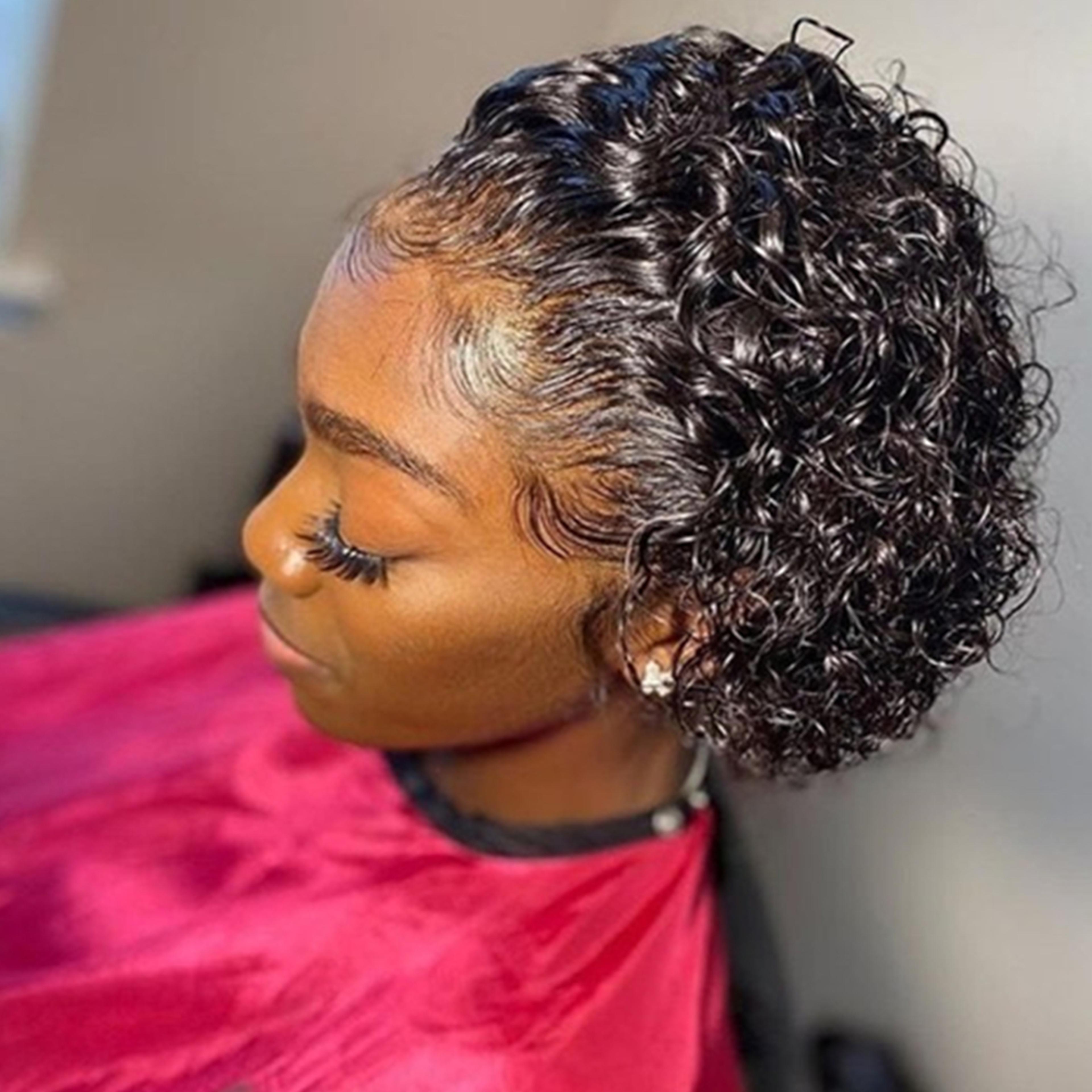 pixie cut colored lace wig, spring curl short bob wig for women, natural black human hair, affordable cheap wig
