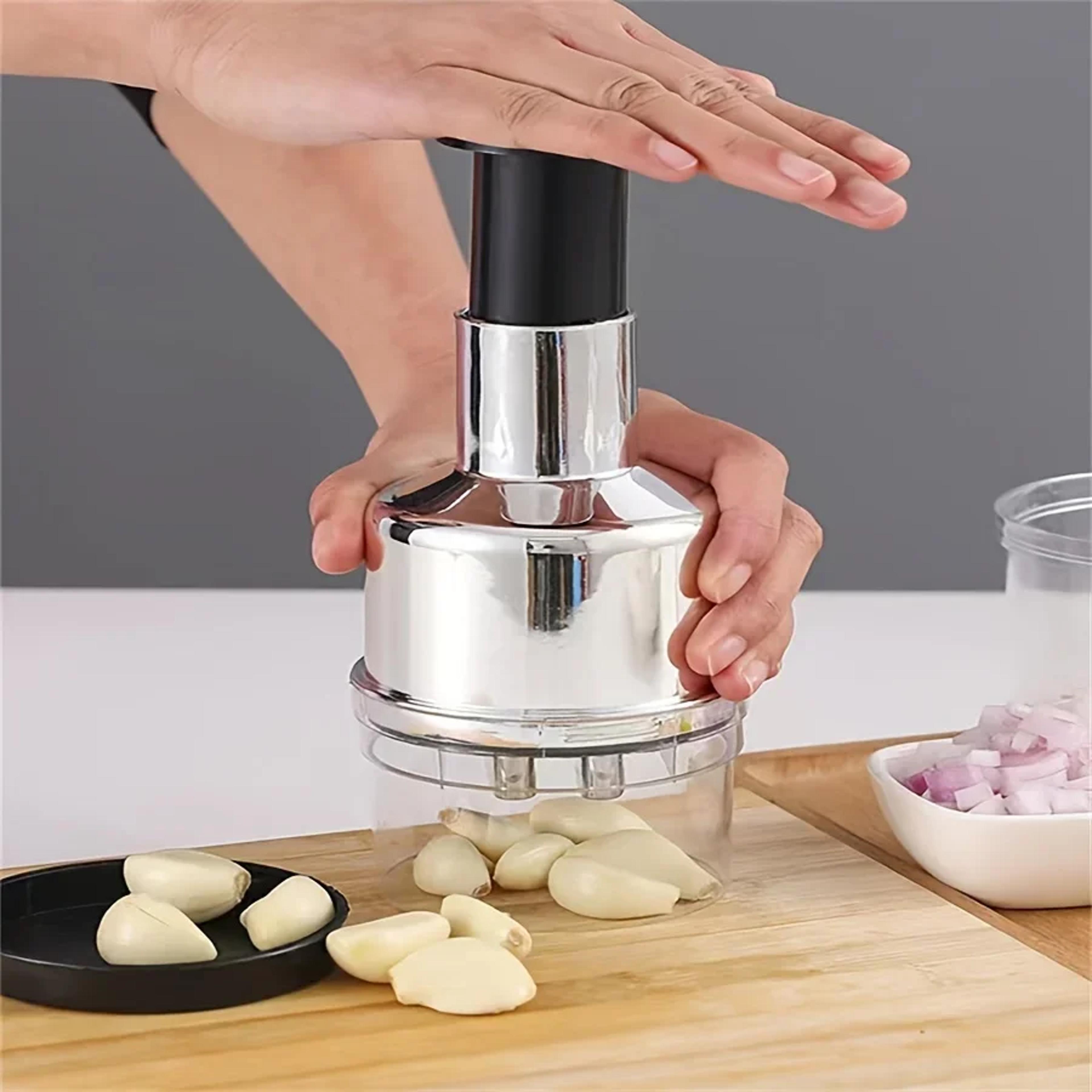 stainless steel garlic press, manual vertical hand cutter, onion & nut chopper with storage, vegetable food kitchen tool