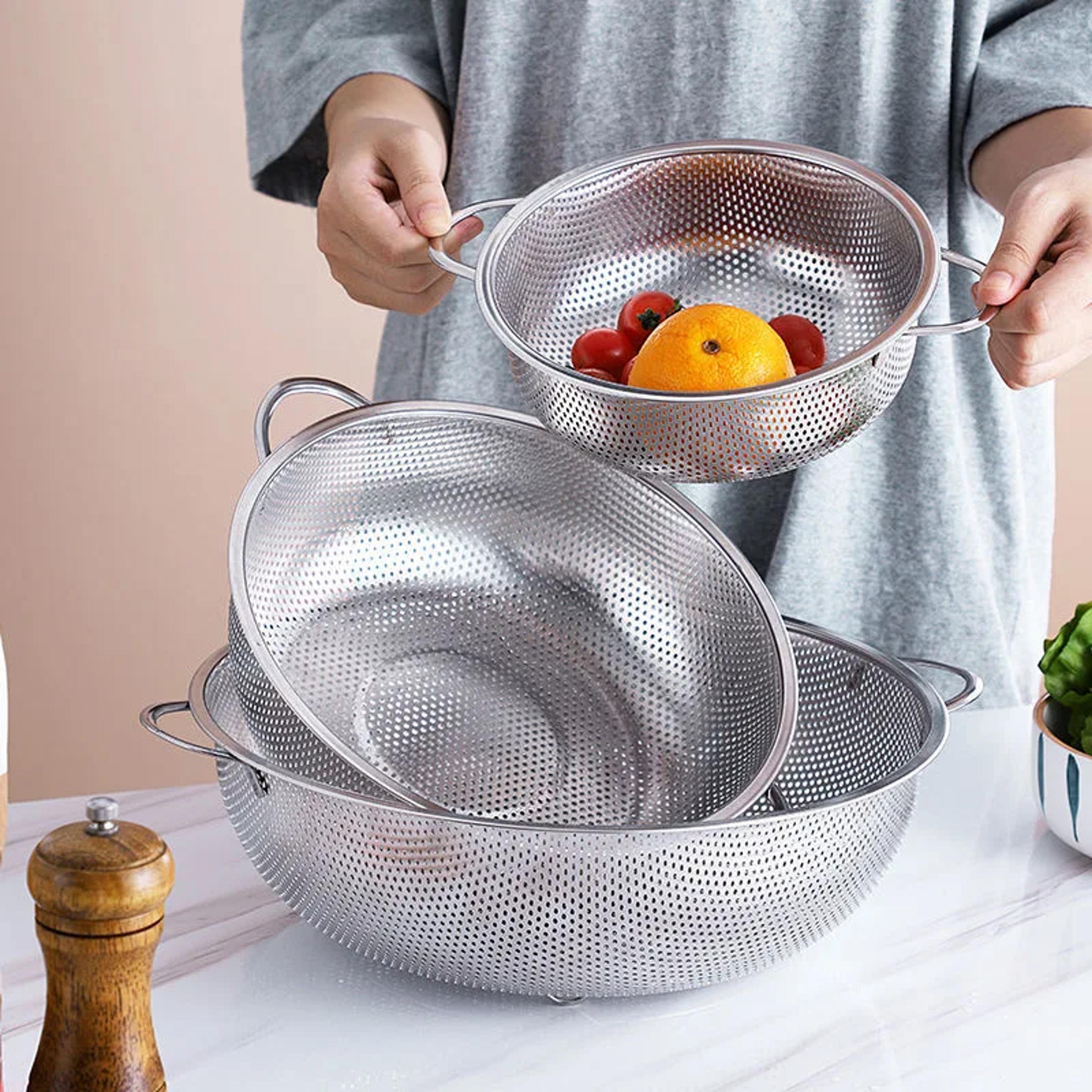 stainless steel colander, drain basket for fruit, rice, vegetables, washing strainer with handle, kitchen storage tool