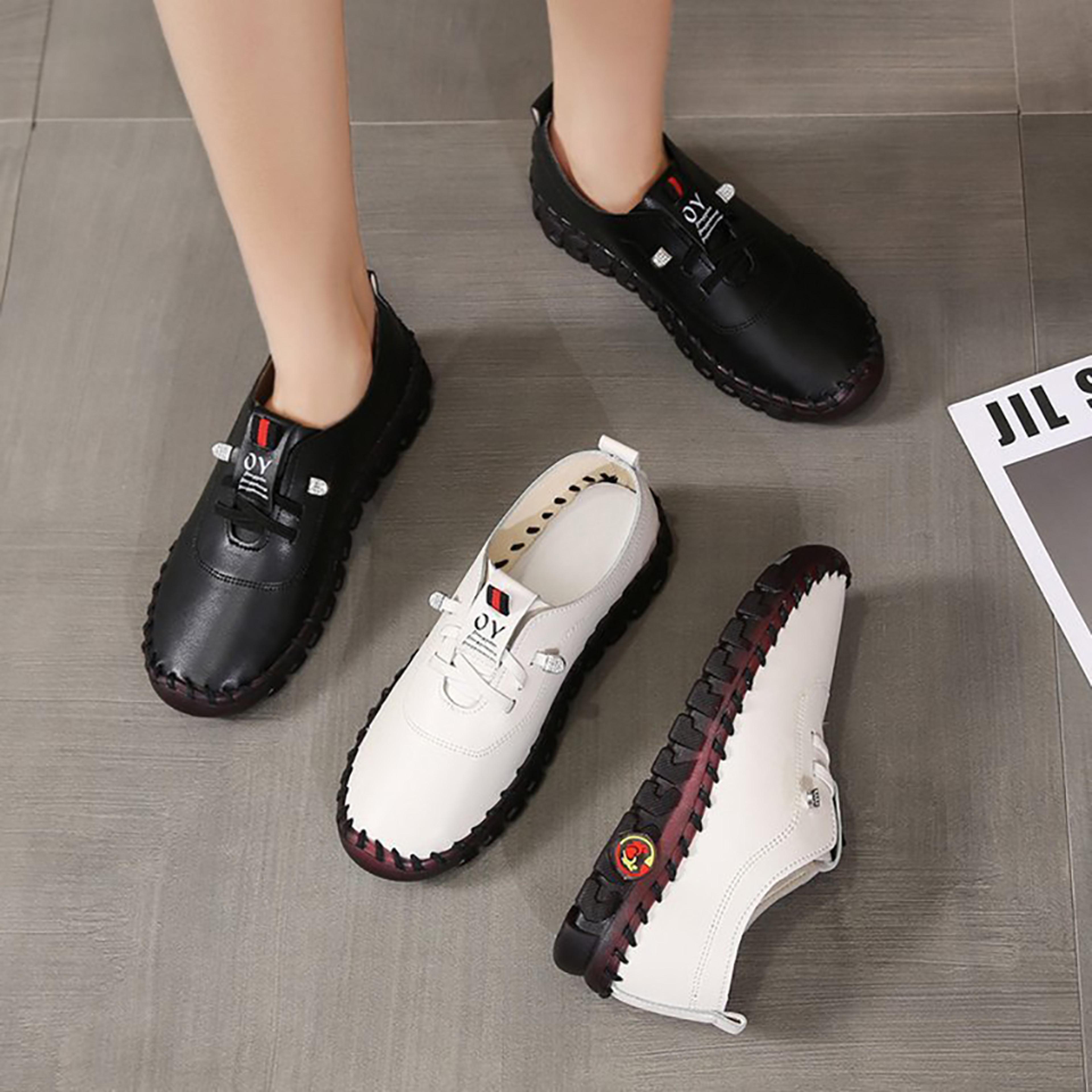 leather sneakers women shoes, lace up loafers flat, spring casual comfortable mom shoes