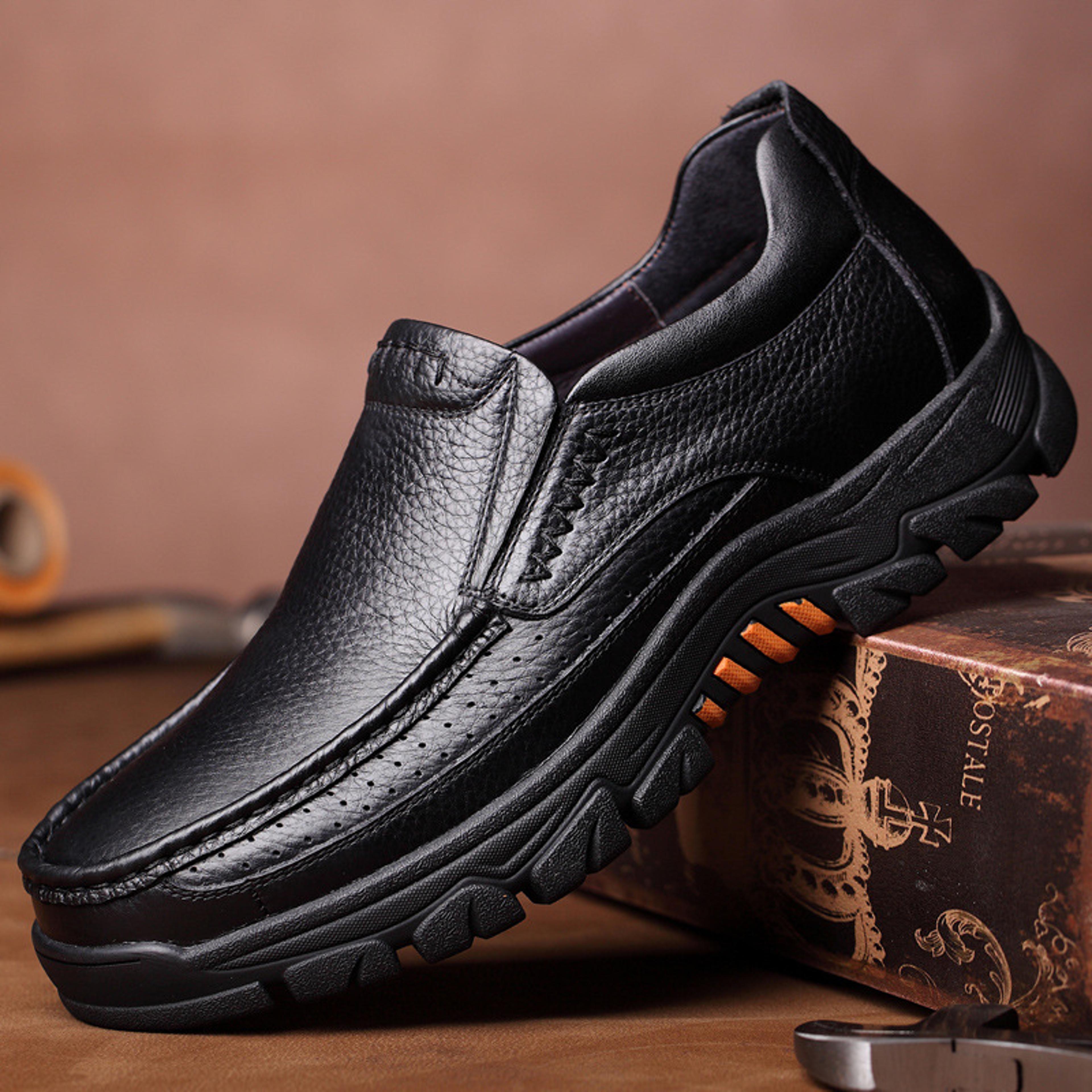 soft cowhide mens casual shoes, genuine leather shoes men loafers, slip-on thick sole brand male footwear black brown