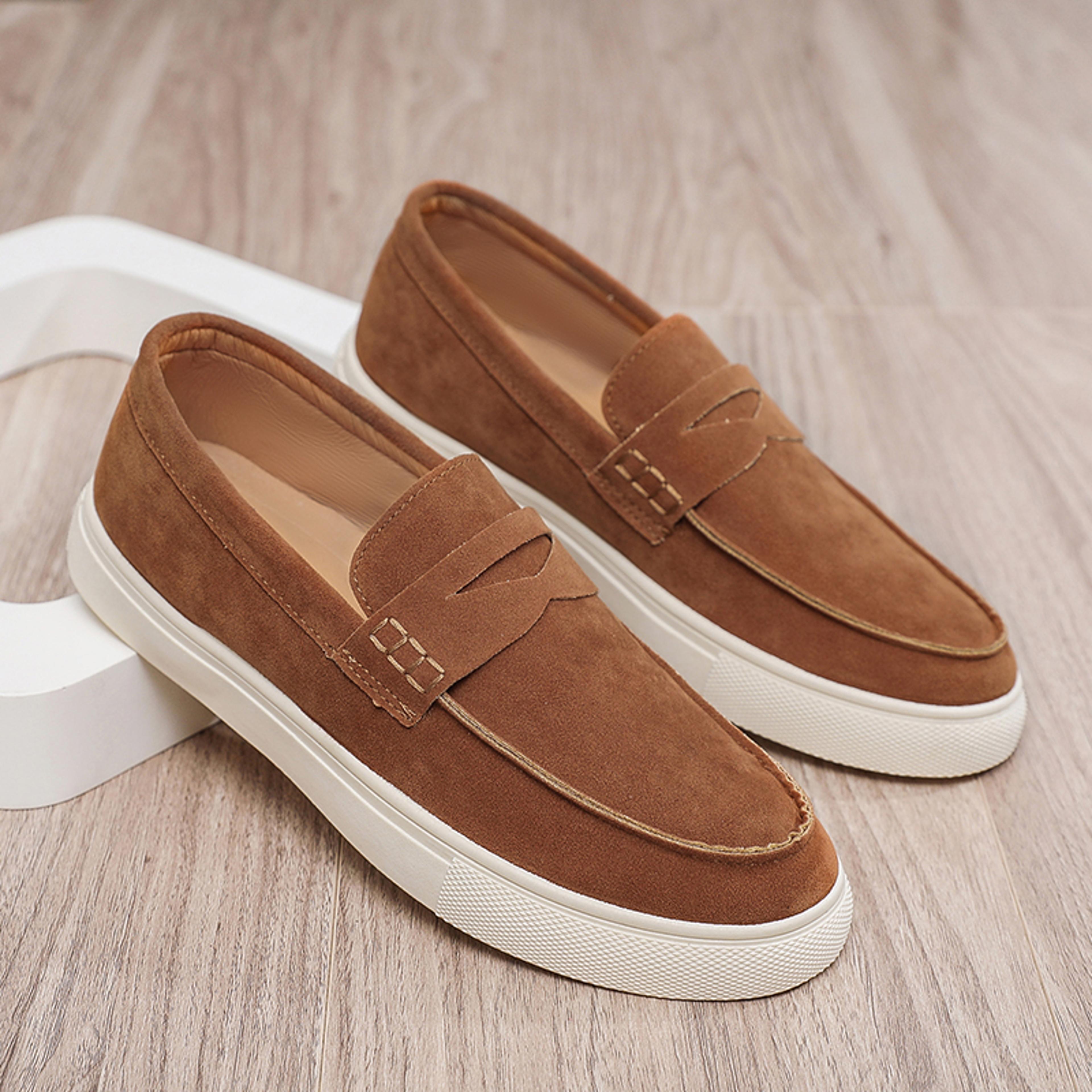 classic brown loafers for men, autumn men's suede leather slip-on shoes, casual walking shoes, driving loafers for men