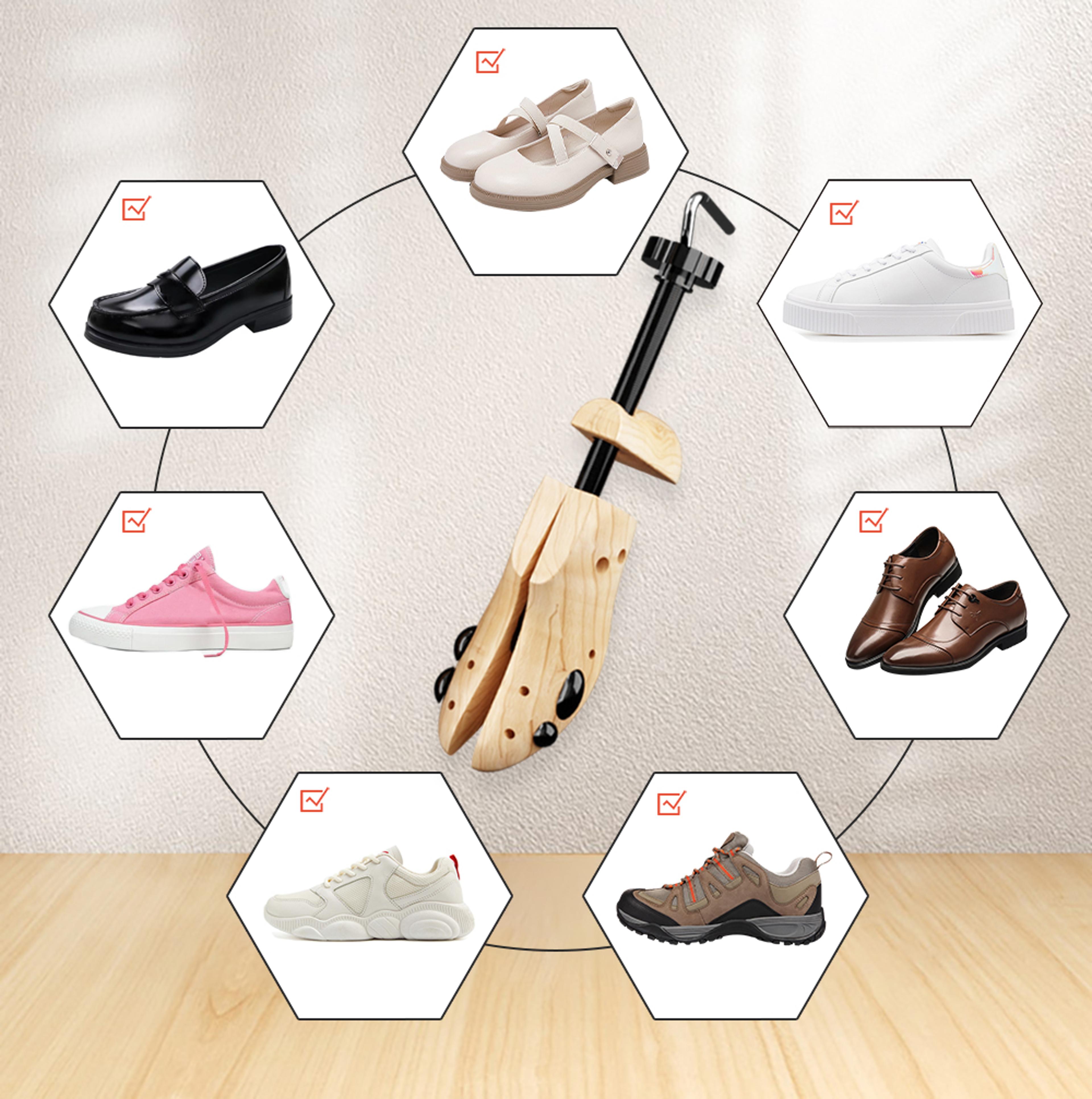 adjustable wooden shoe trees, shoe stretcher expander for men, women, unisex length width extender keeper for heels