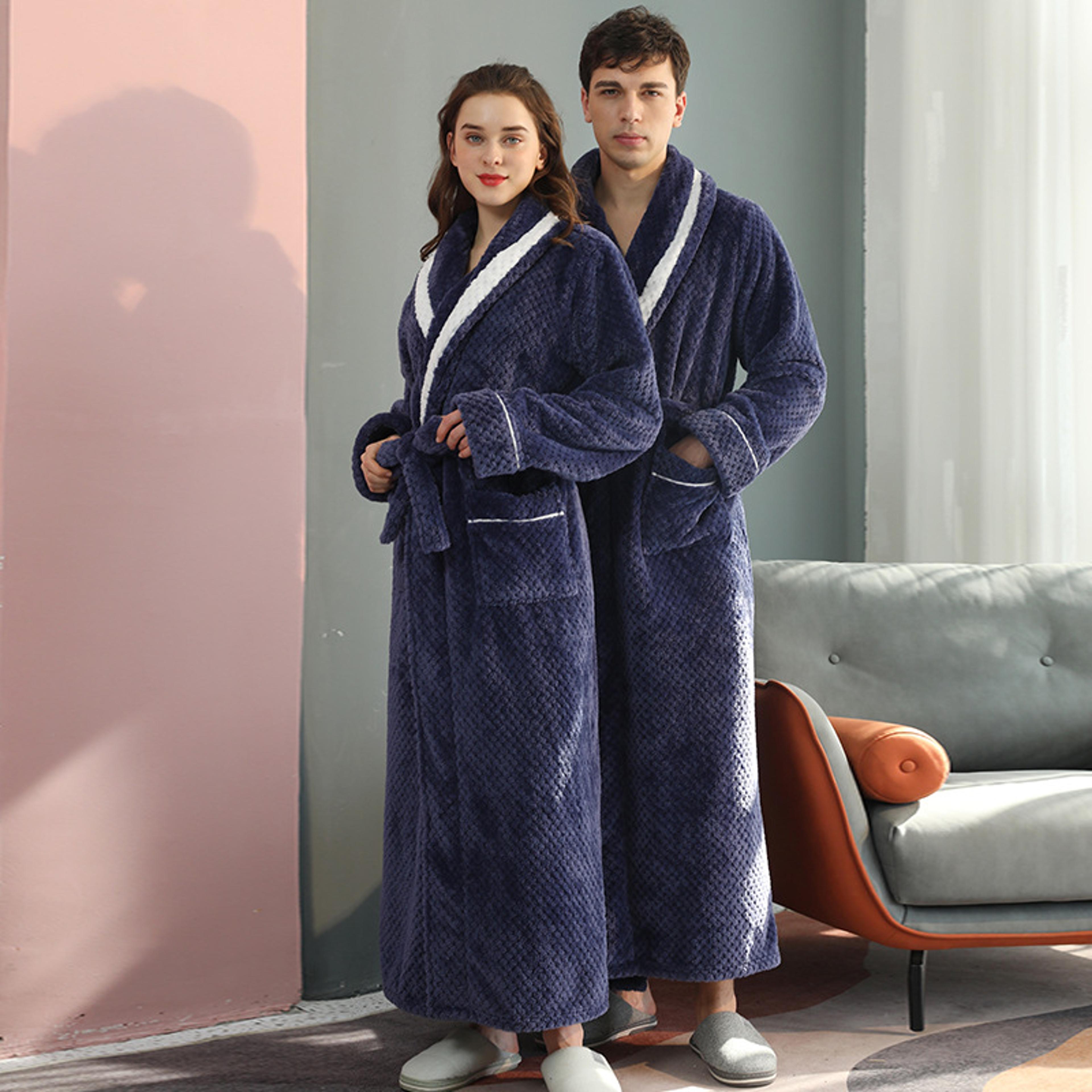 thicken winter lovers solid flannel robe sets, couple long bathrobe gown, nightwear with pocket, intimate lingerie home