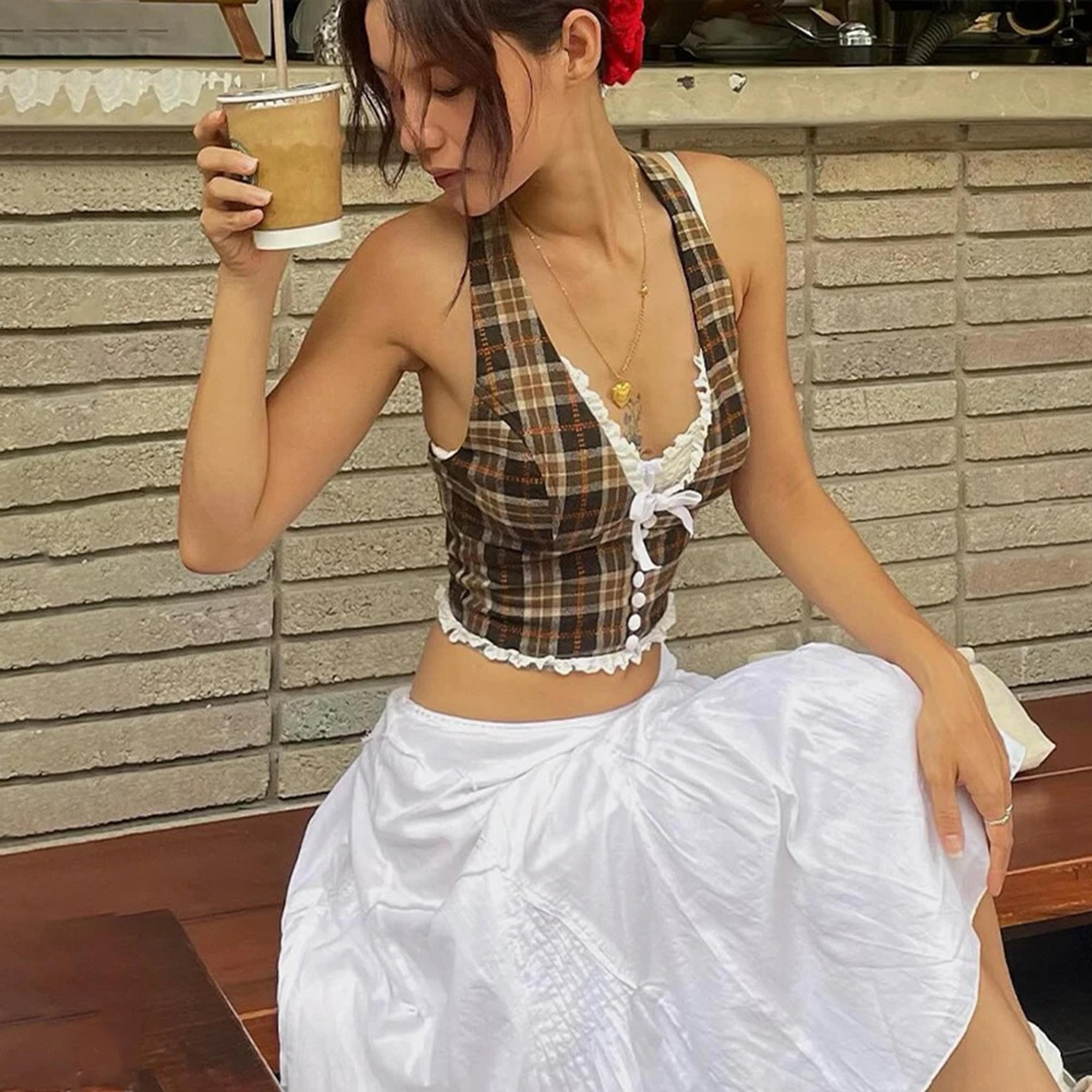 halterneck plaid print crop top for women, v-neck backless lace slim tank top with bow embellishment, perfect for summer