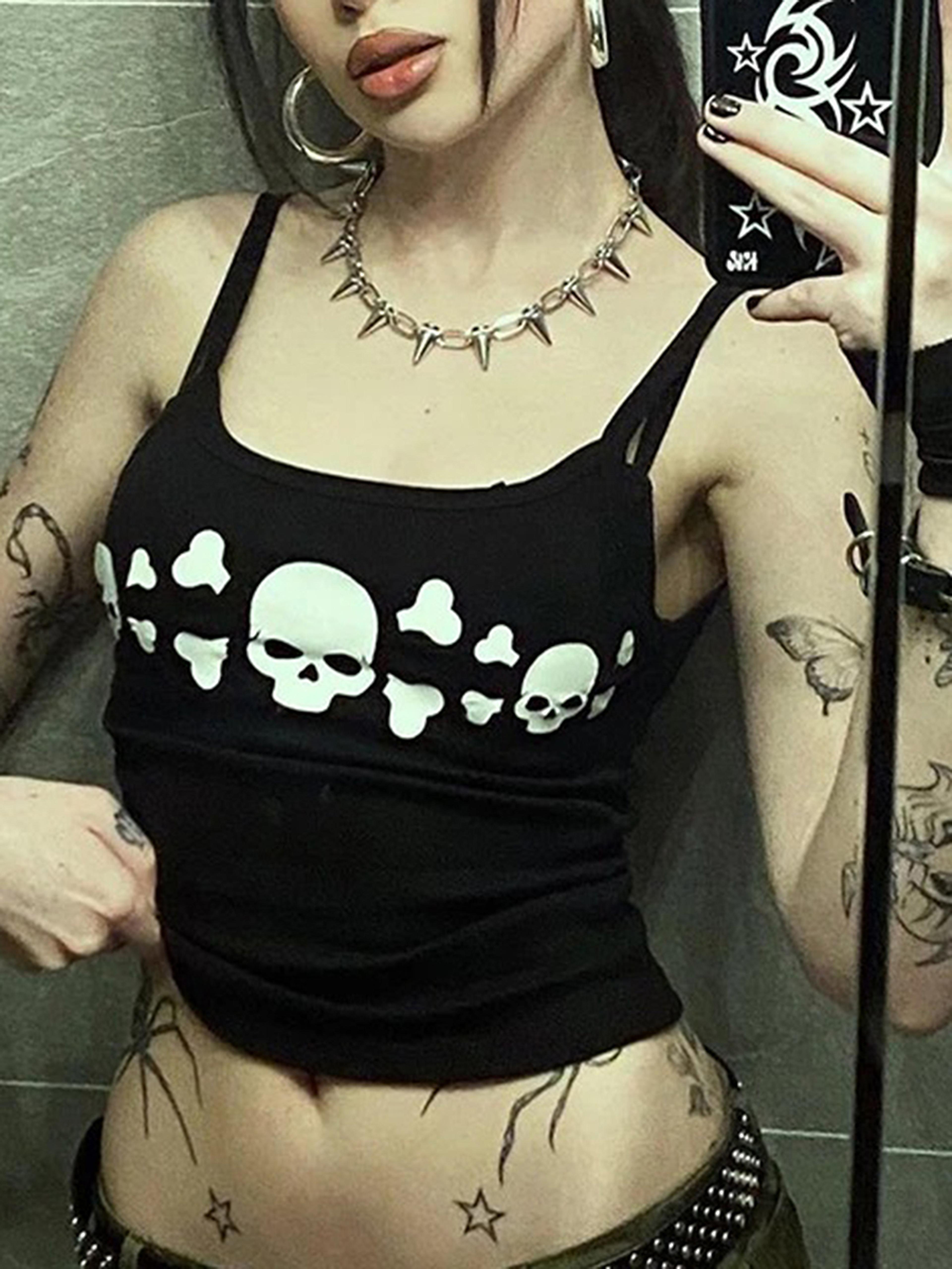 vintage women goth tank tops, skull print backless camisoles, low cut grunge sleeveless fit shirt