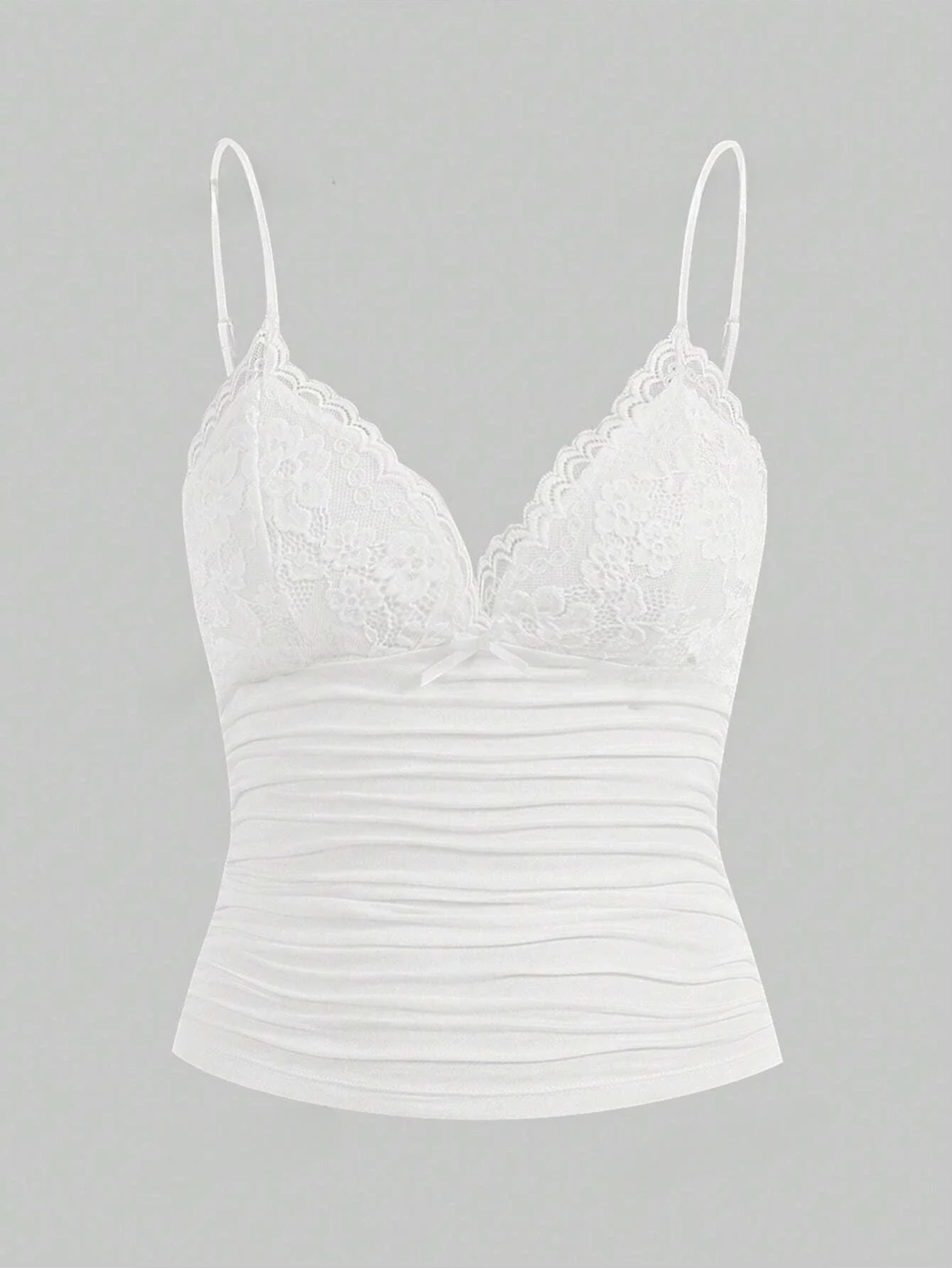 sexy contrast lace bow top, crop cami for women, summer grunge punk clothes, ruched skinny backless tee shirt