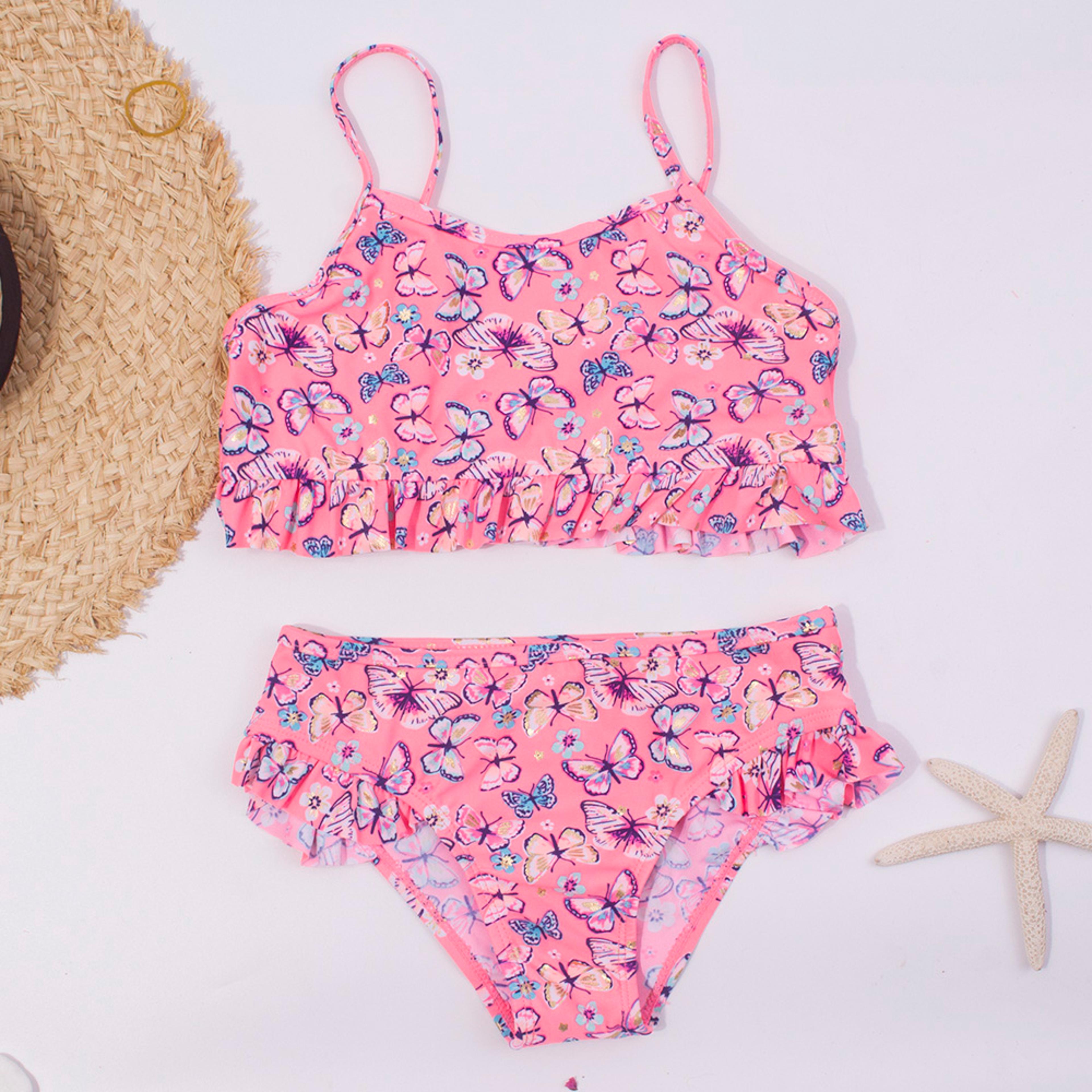 butterfly print kids bikinis, new falbala children bikini set, summer swimwear for baby girls