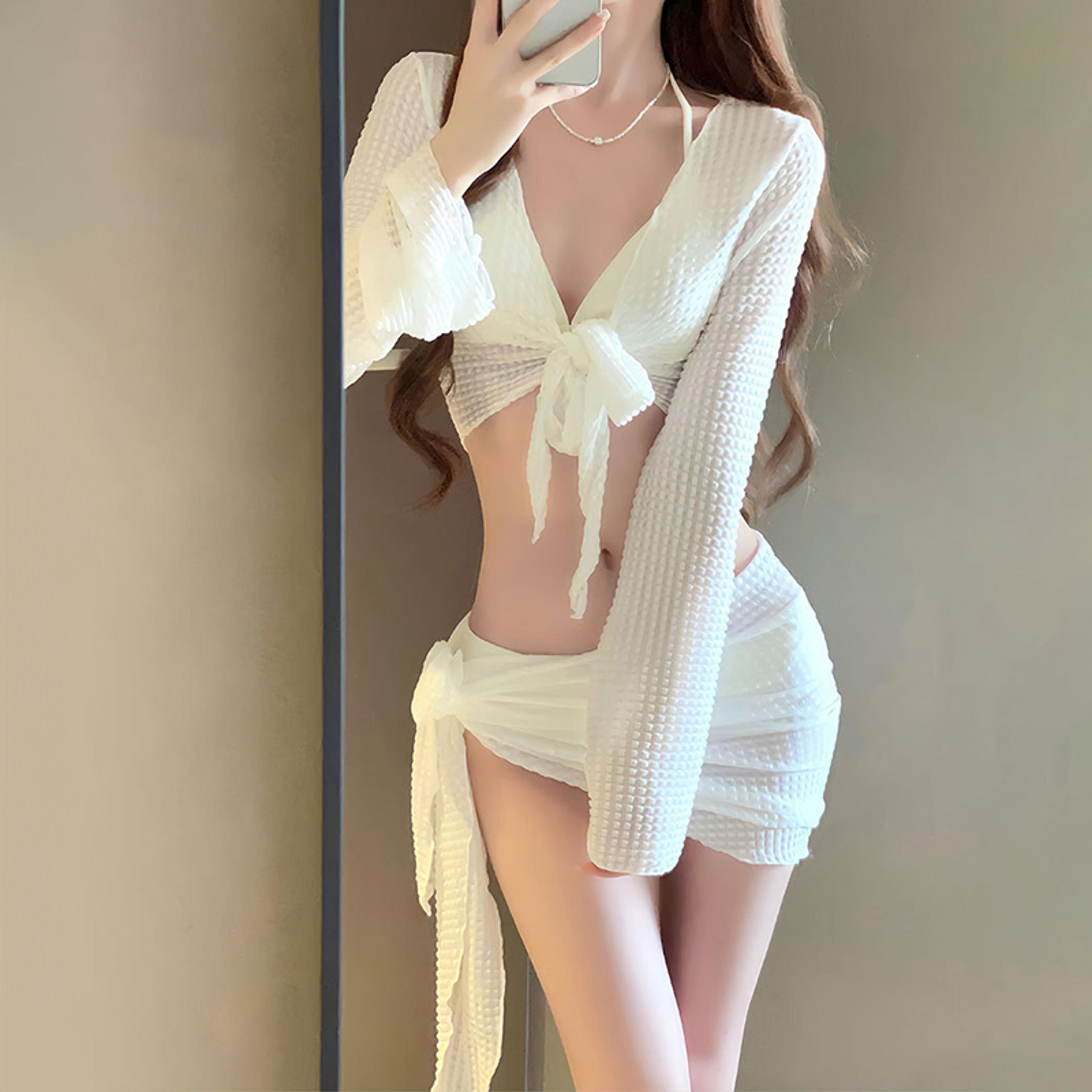 women's elegant resort swimwear for vacation beach, long sleeve knit bikini set, sexy push-up swimsuit