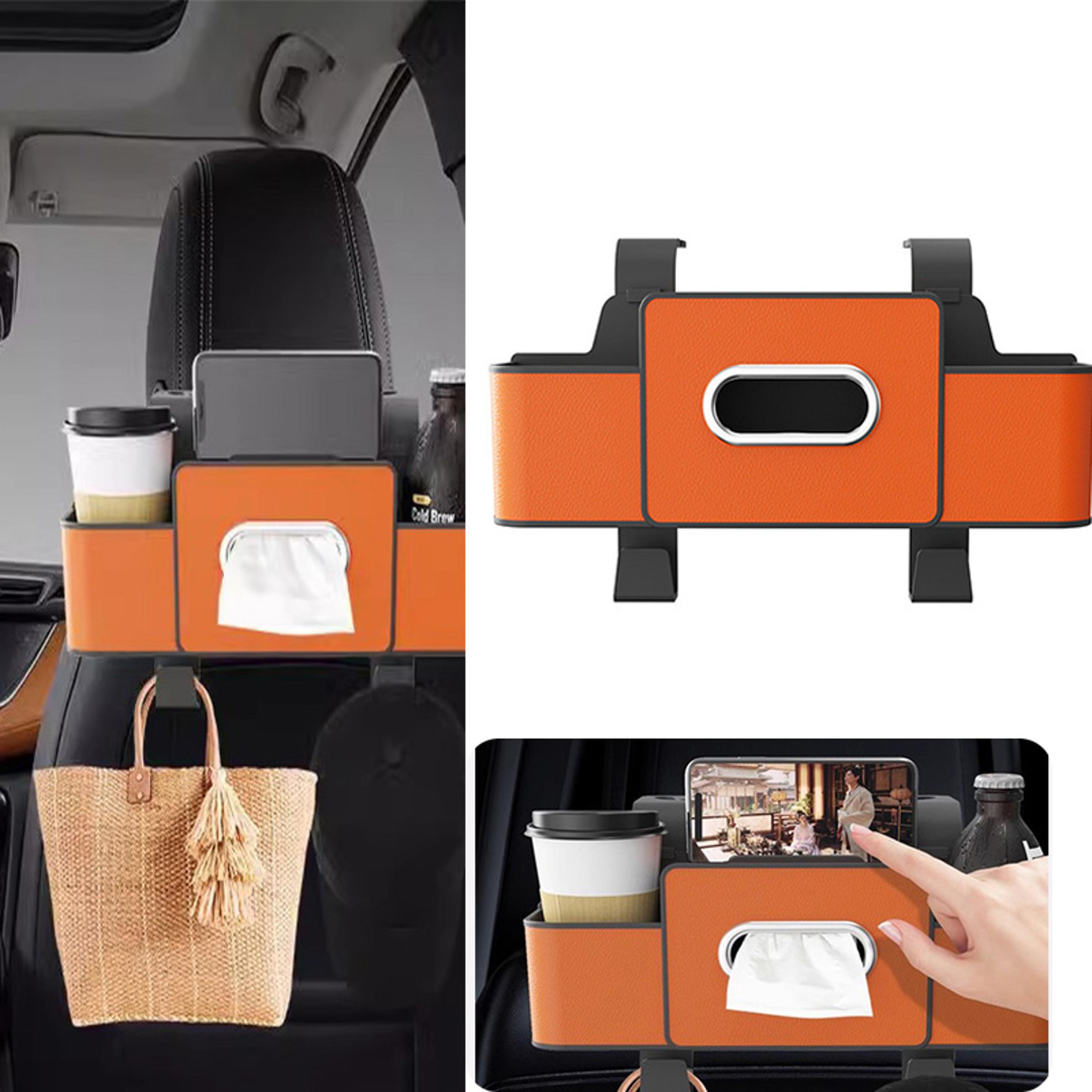 car backseat organizer with leather storage, stylish storage & cup holder for car essentials