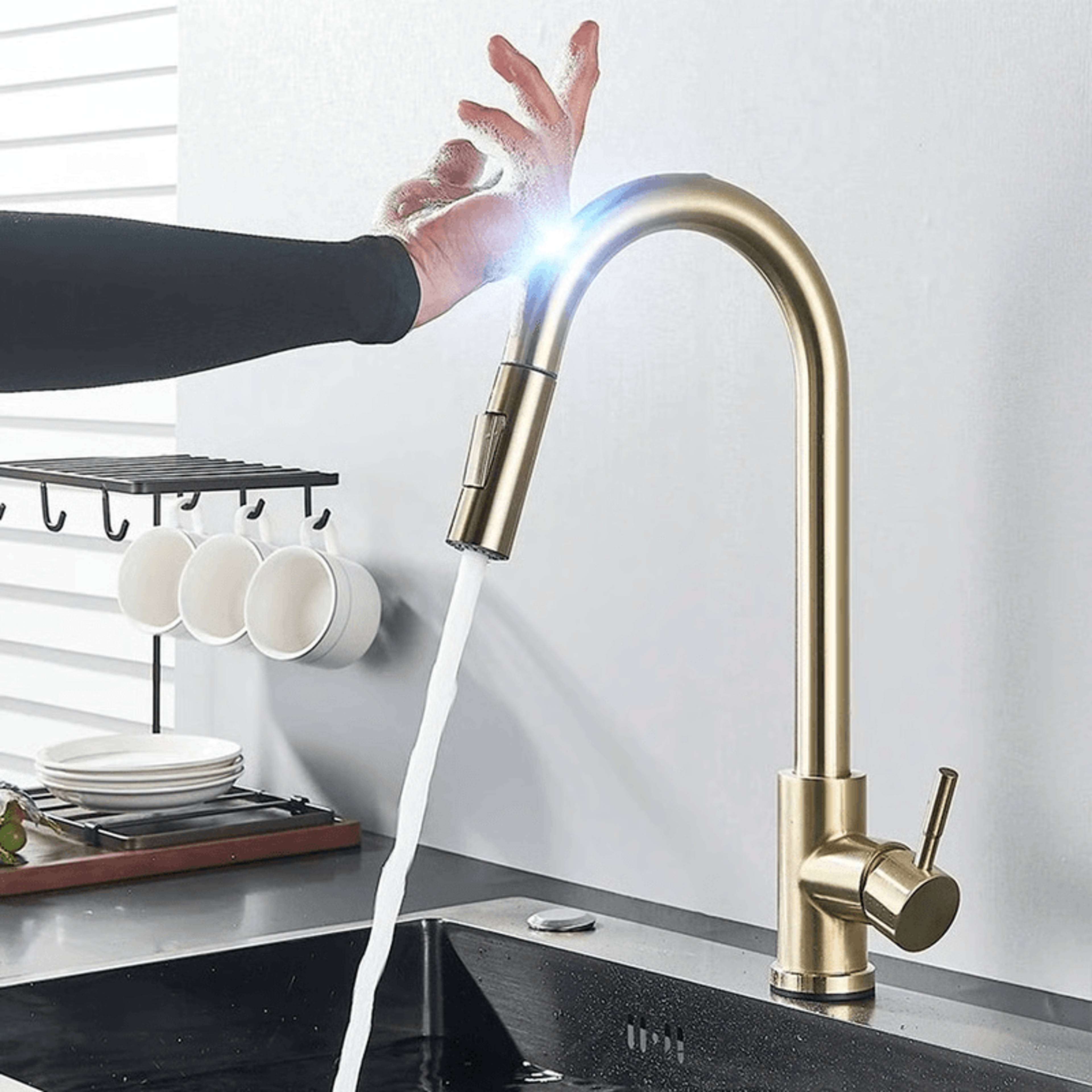 touch sensor kitchen faucet, pull-out sprayer, hygienic & hands-free operation