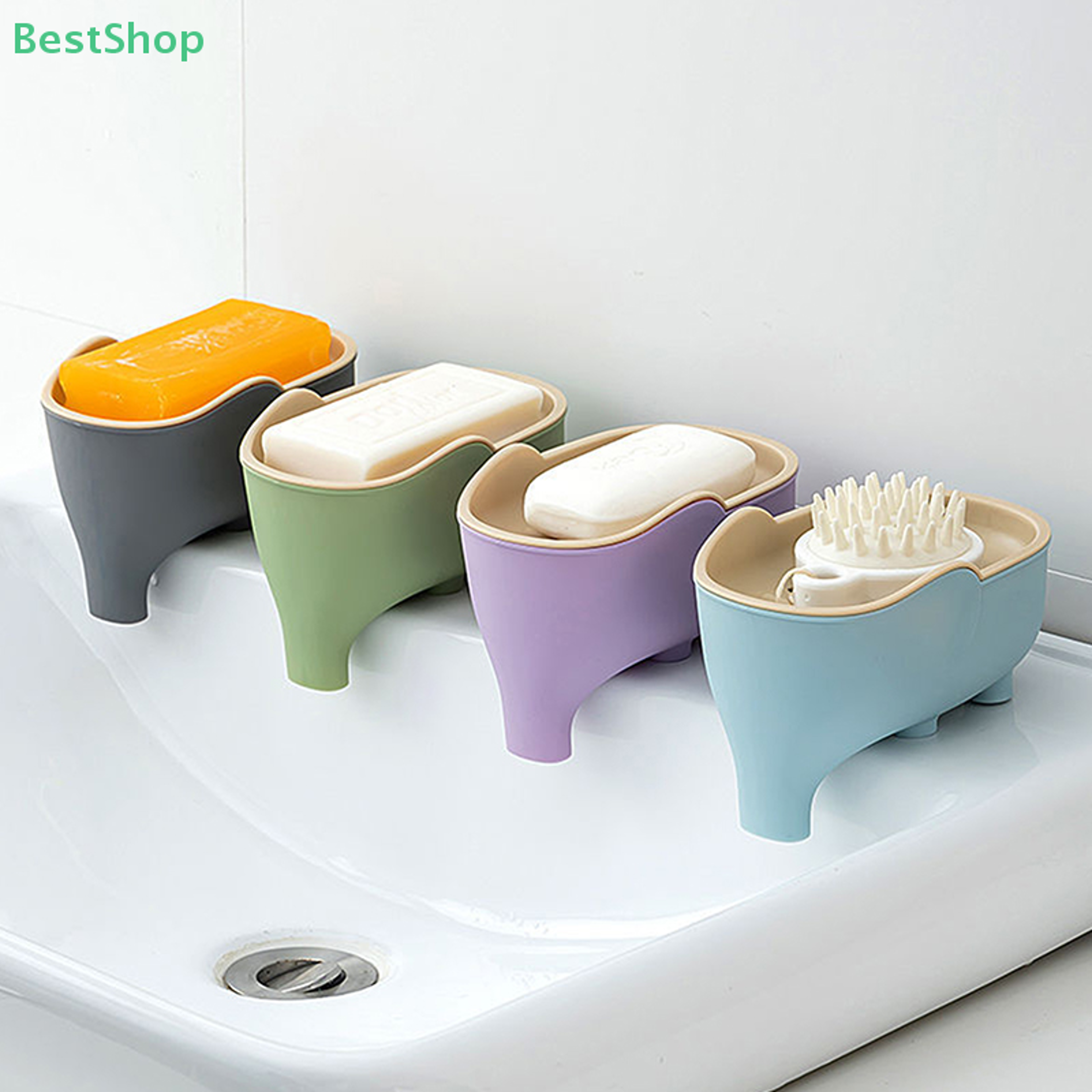 portable non slip elephant shaped soap box with lid, double layer countertop storage rack soap holder for bathroom
