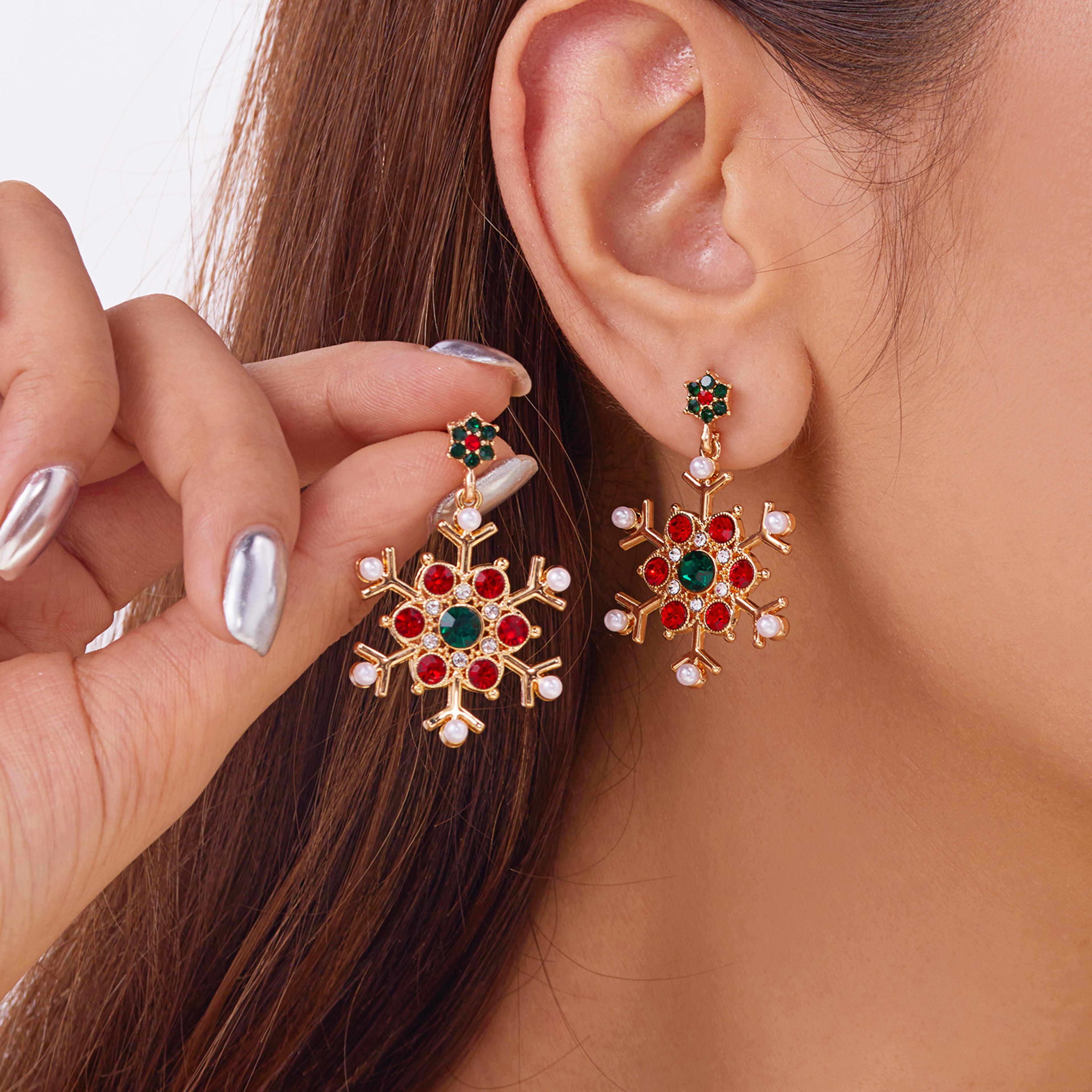 crystal zircon pearl earrings, christmas snowflake stud, dangle piercing jewelry for women, holiday party gifts for girl