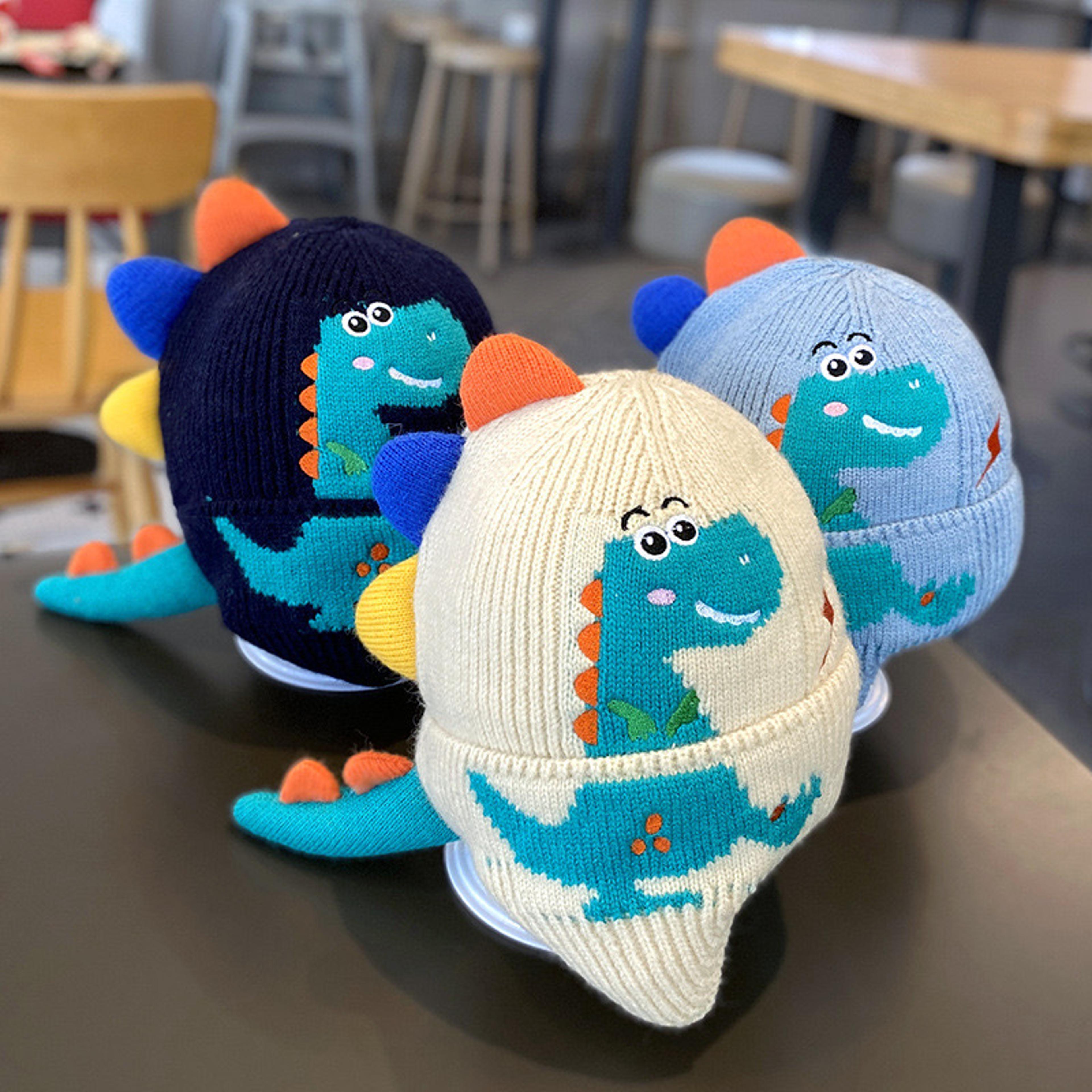 3d dinosaur kids earmuffs cap cartoon, winter warm baby ear protection hat, toddler woolen knitted hats