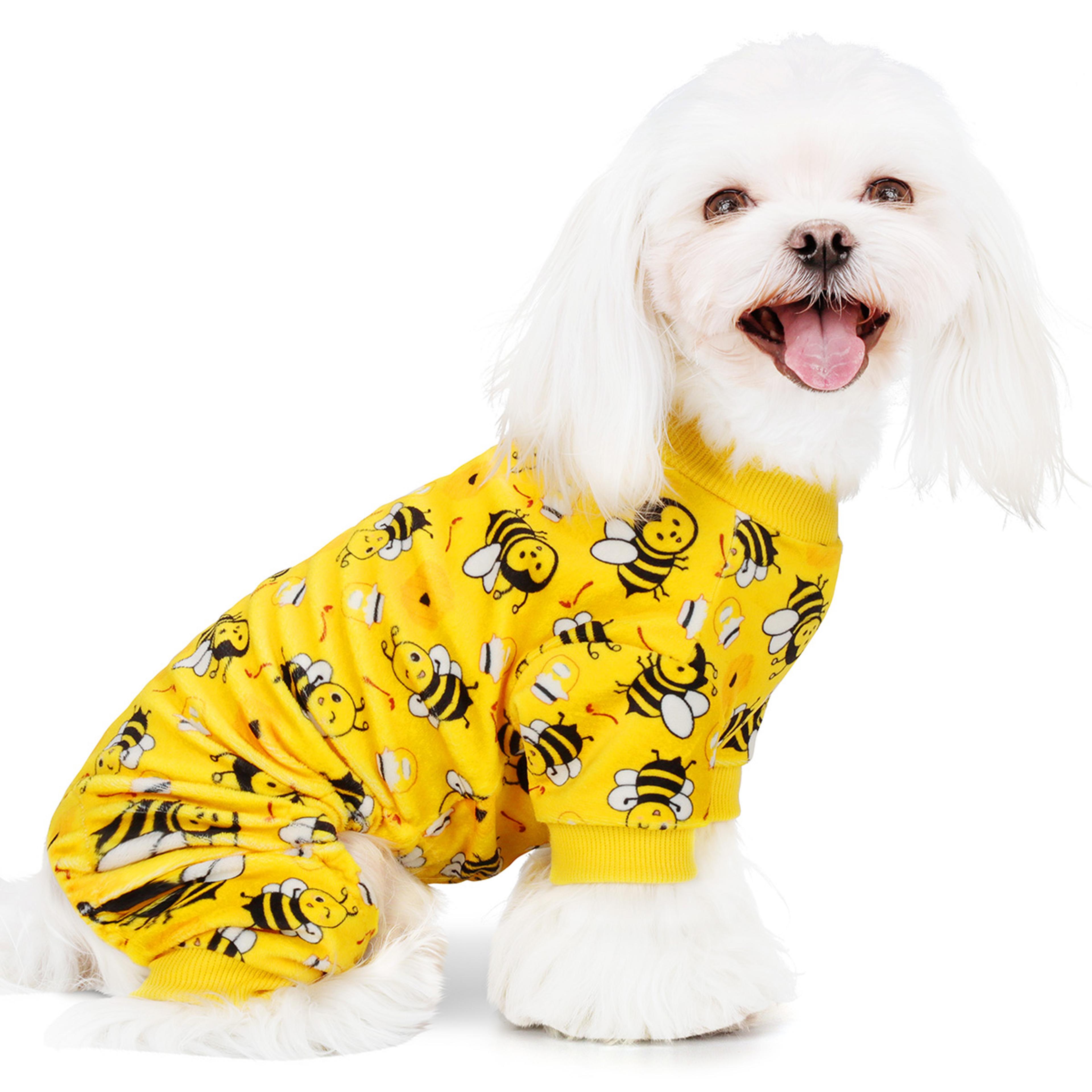 cozy winter pjs with feet, perfect for small dogs, soft stretchy onesie for chihuahua yorkie, funny bee dog pajamas