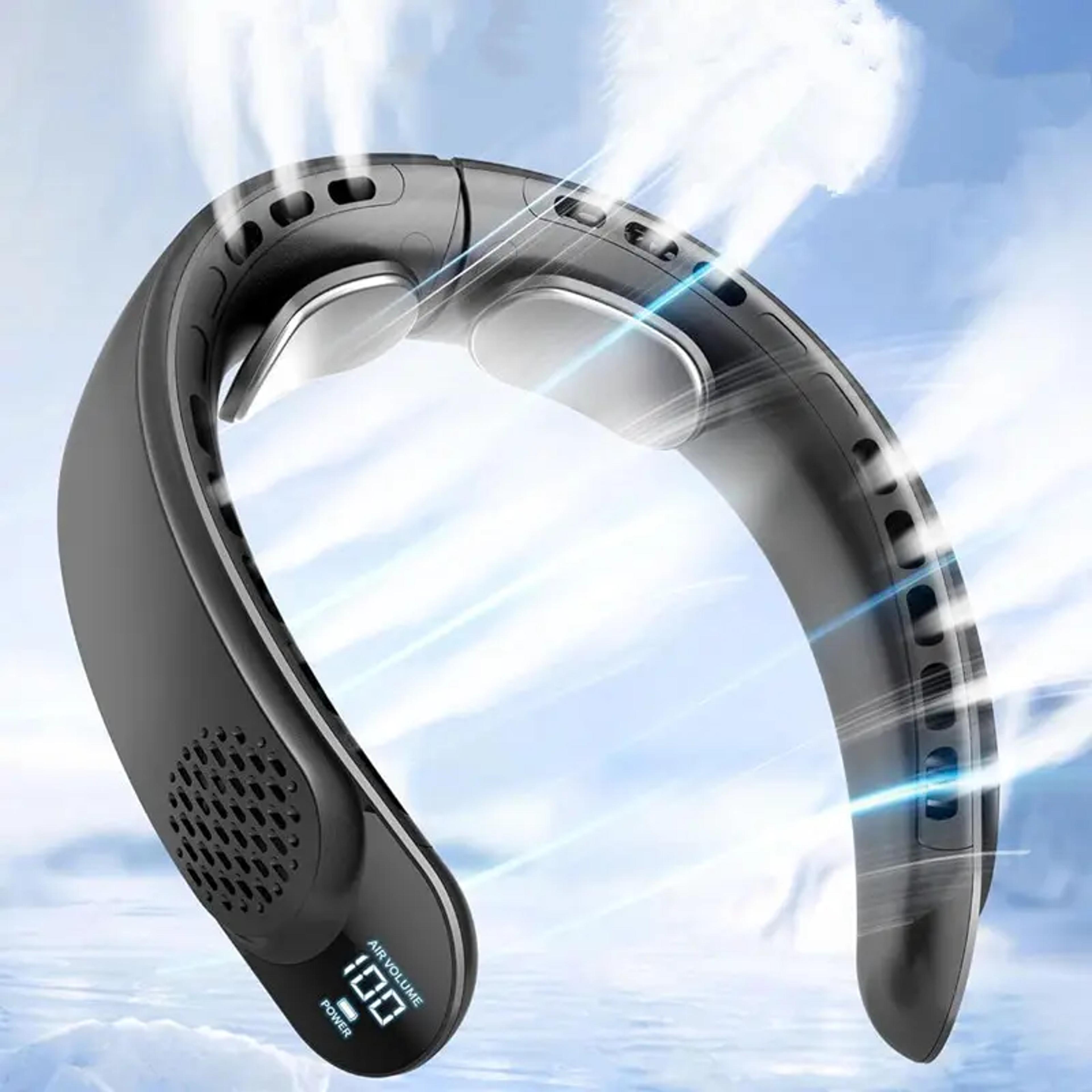 usb neck fan with digital display, turbine vaneless design, portable quad-core cooling fan for outdoors