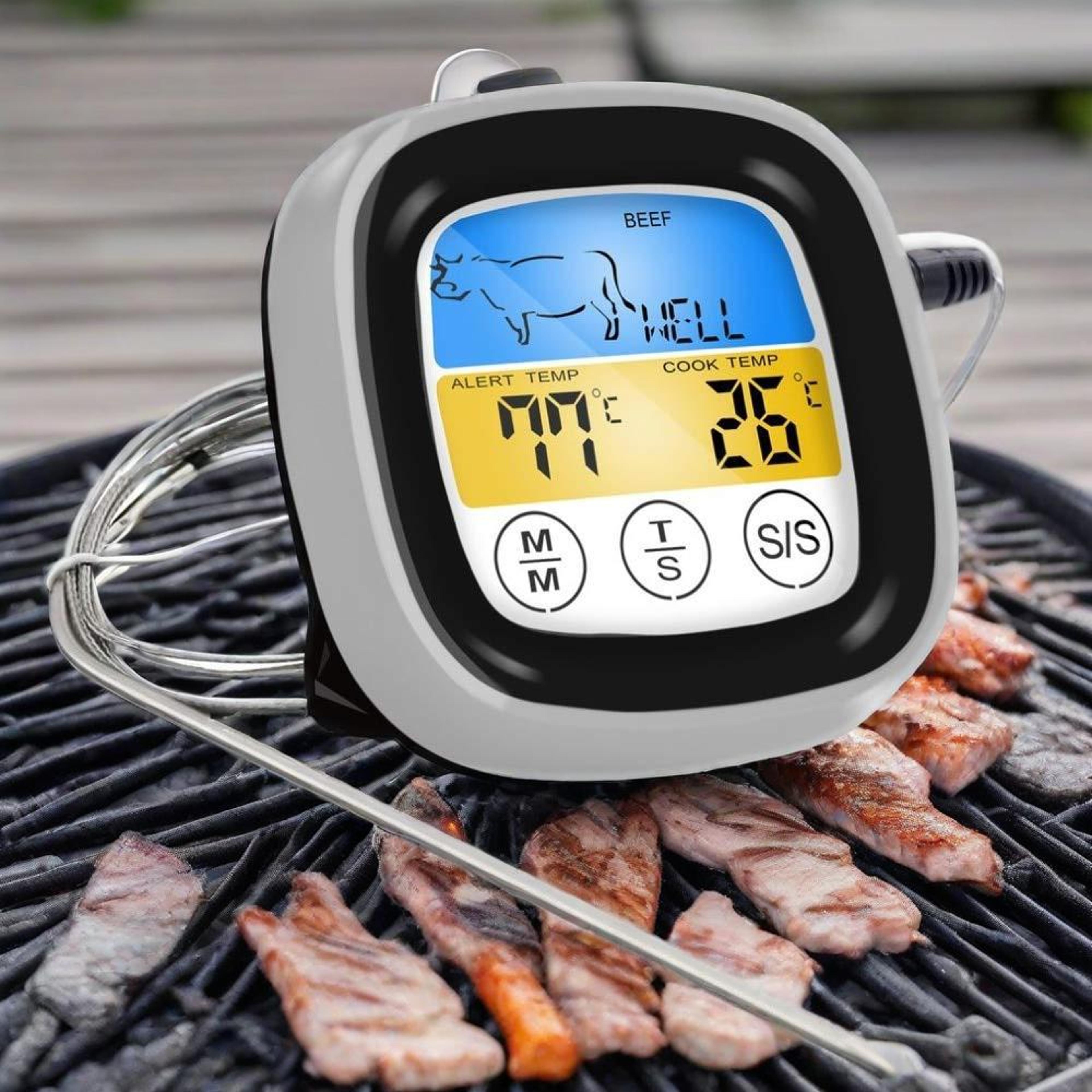 lcd touchscreen timer smart digital meat thermometer with probe for bbq grill, food temperature gauge oven cooking