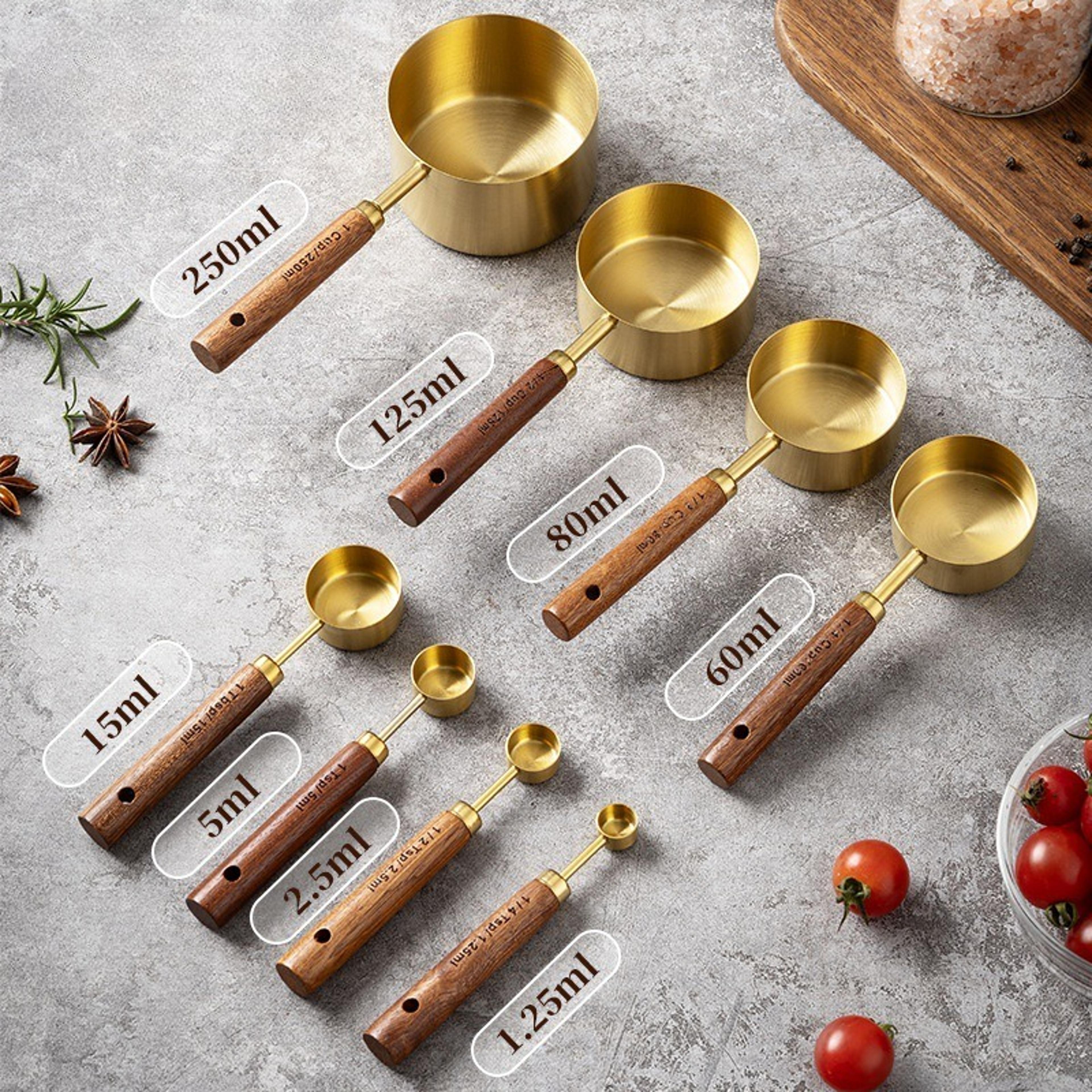 piece pro barista set stackable, stainless steel measuring cups, spoons with wood handle metric baking kit for coffee
