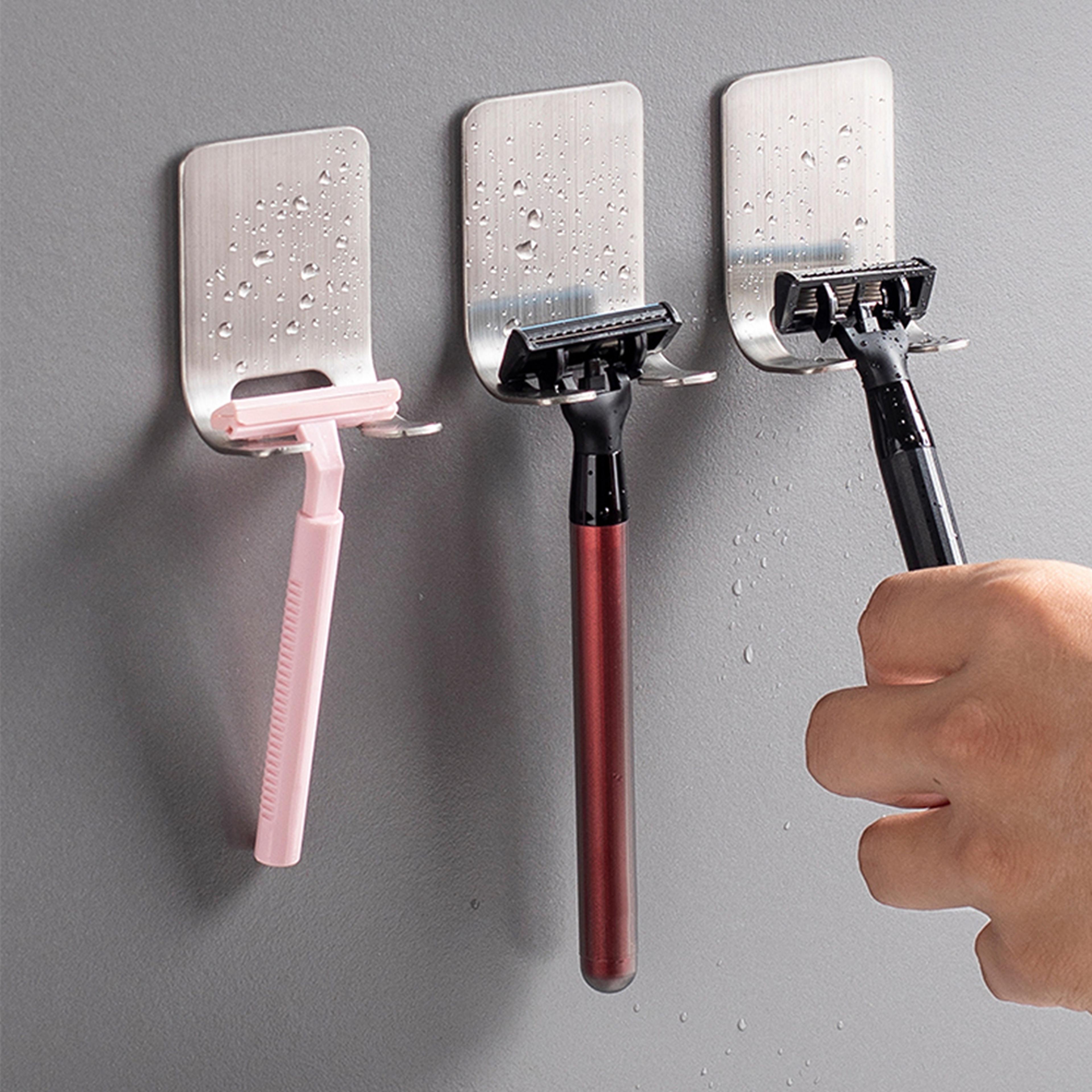 wall adhesive shaving shelf, stainless steel razor hook, shaver storage holder for bathroom & kitchen organizer