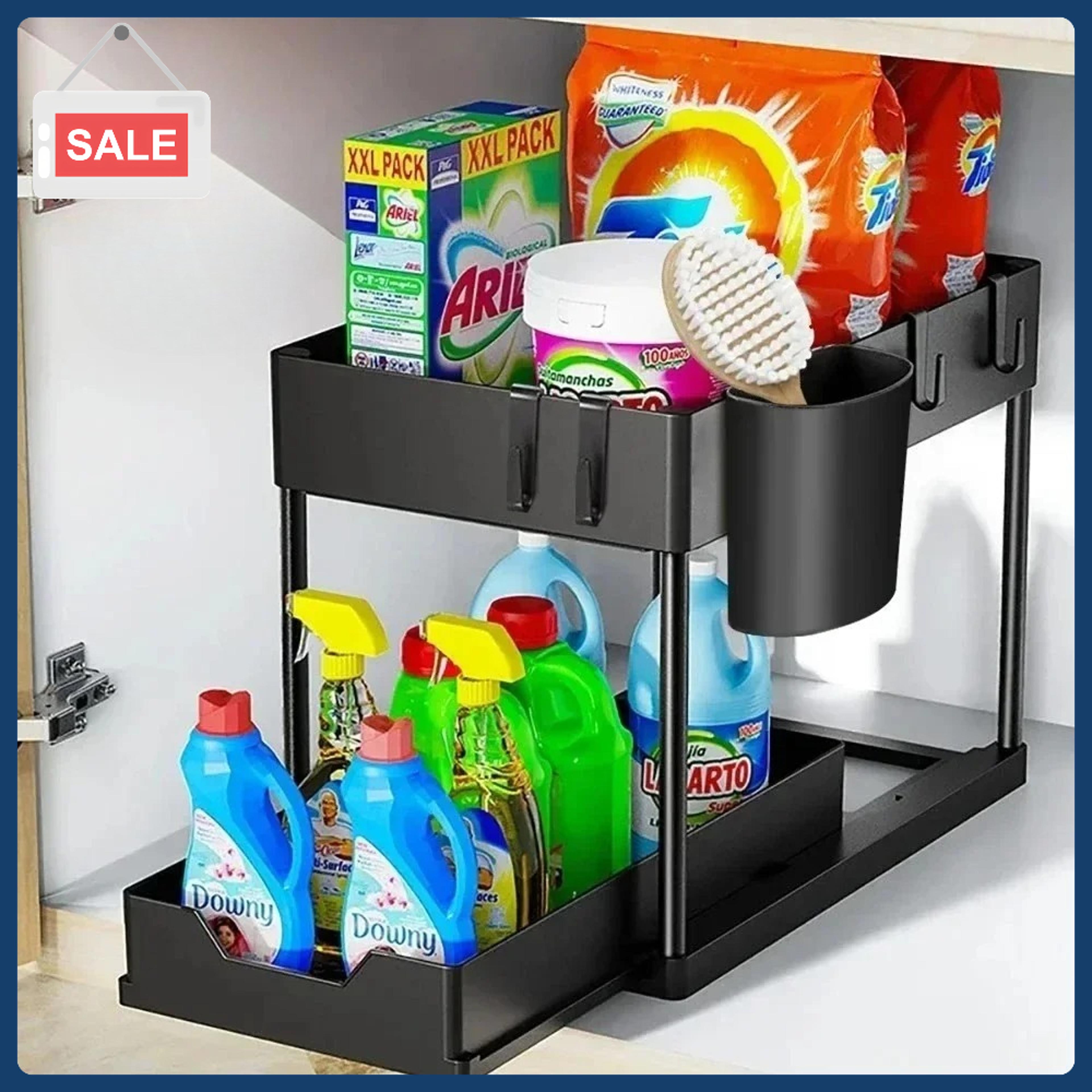 space-saving under sink organizer sliding cabinet basket with hooks, hanging cup for bathroom and kitchen