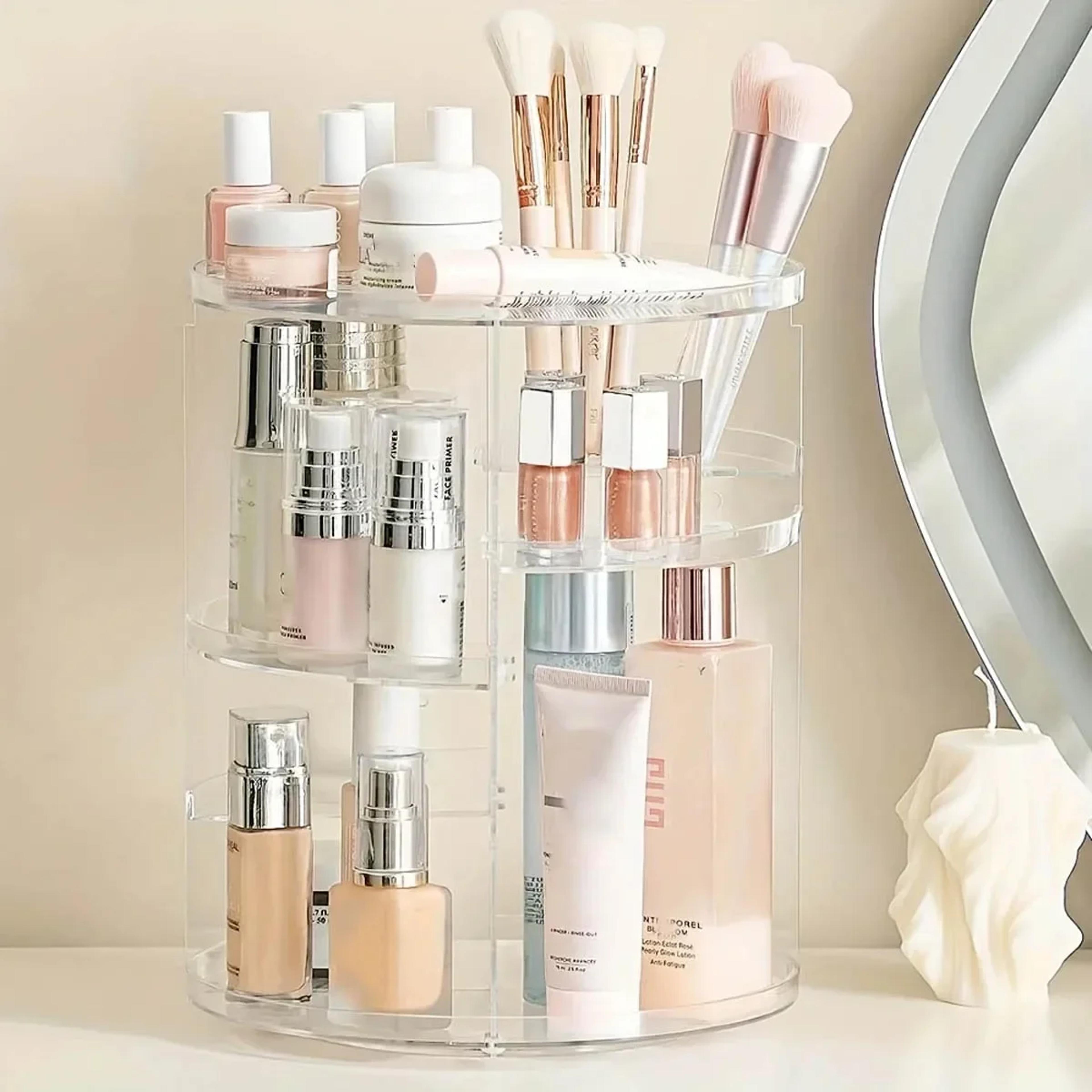 spinning countertop holder, clear makeup organizer with rotation, bathroom cosmetics storage
