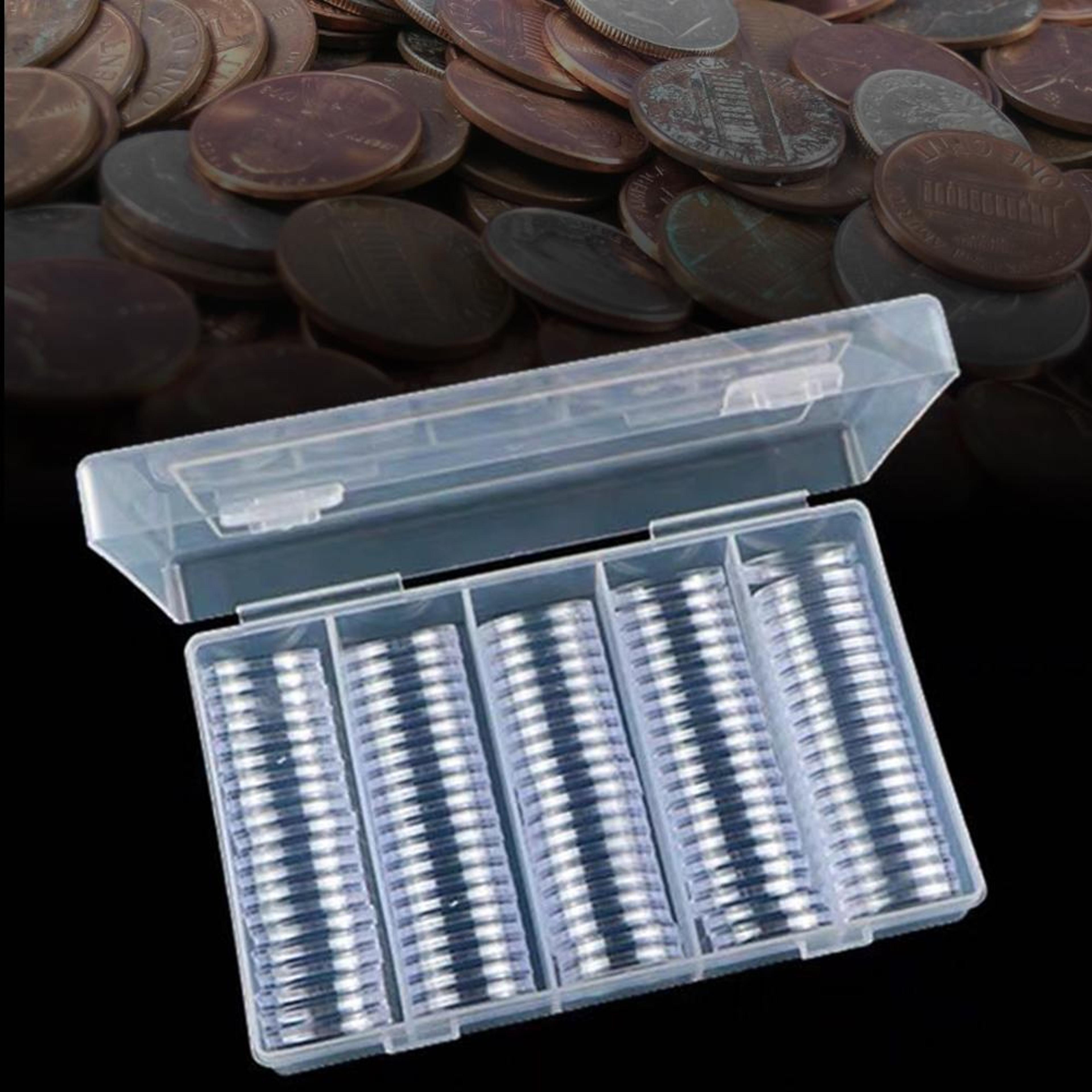 container with storage organizer box, foam gasket for coin display, plastic coin holder capsules