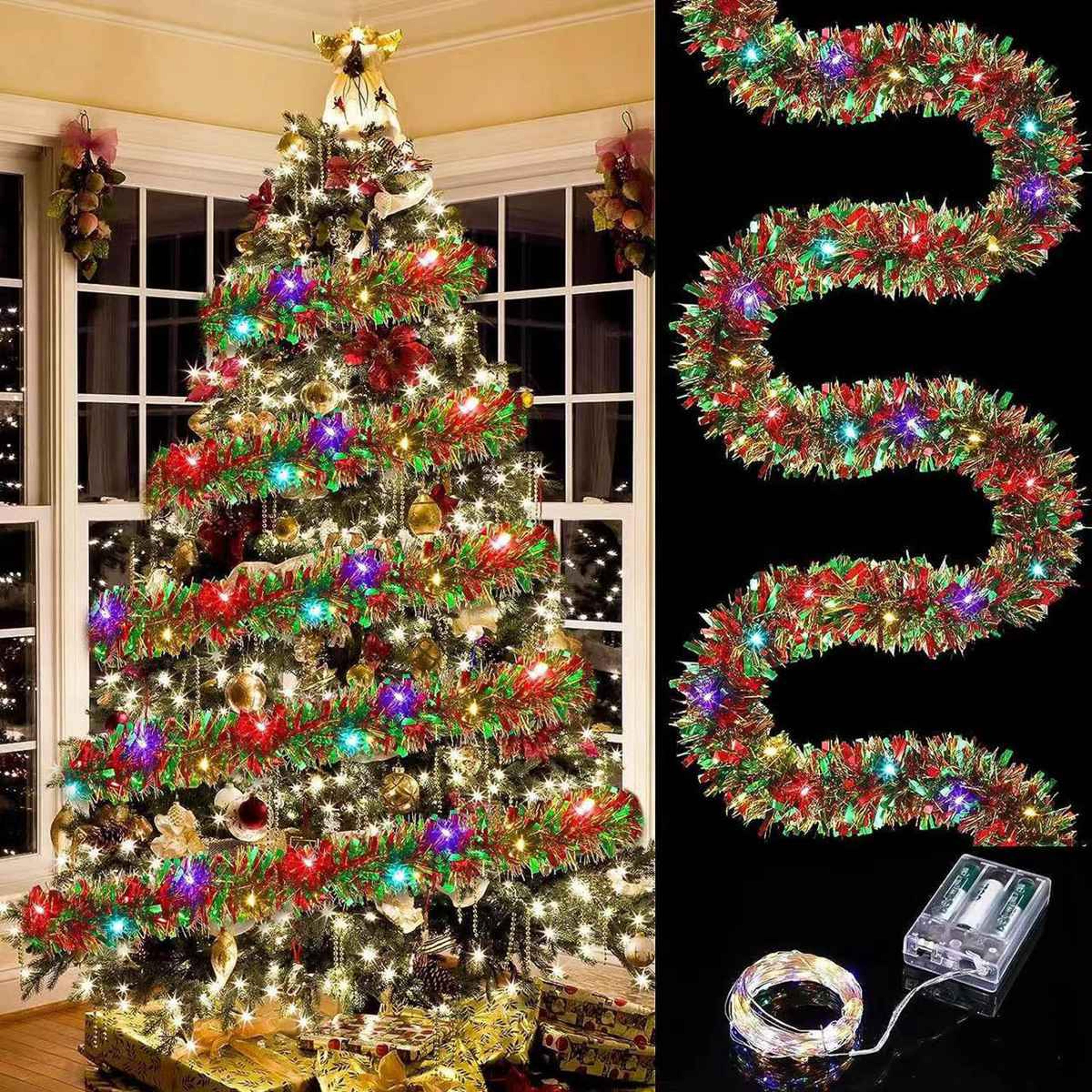 christmas tinsel garland with led lights, metallic shiny garland, thick tree garland for home decor