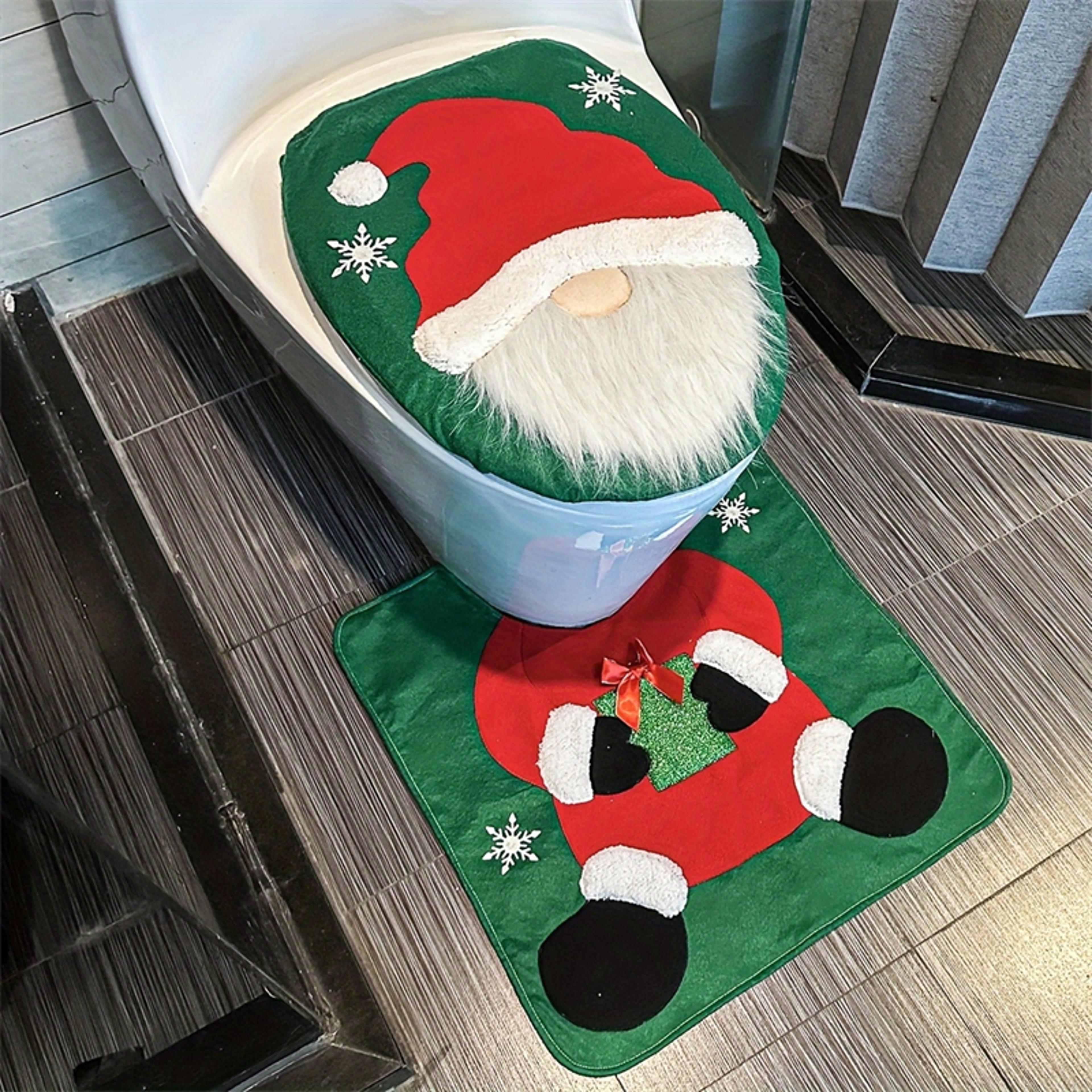 santa toilet seat cover set 2pc, christmas bathroom decor santa on the toilet seat cover and mat for xmas