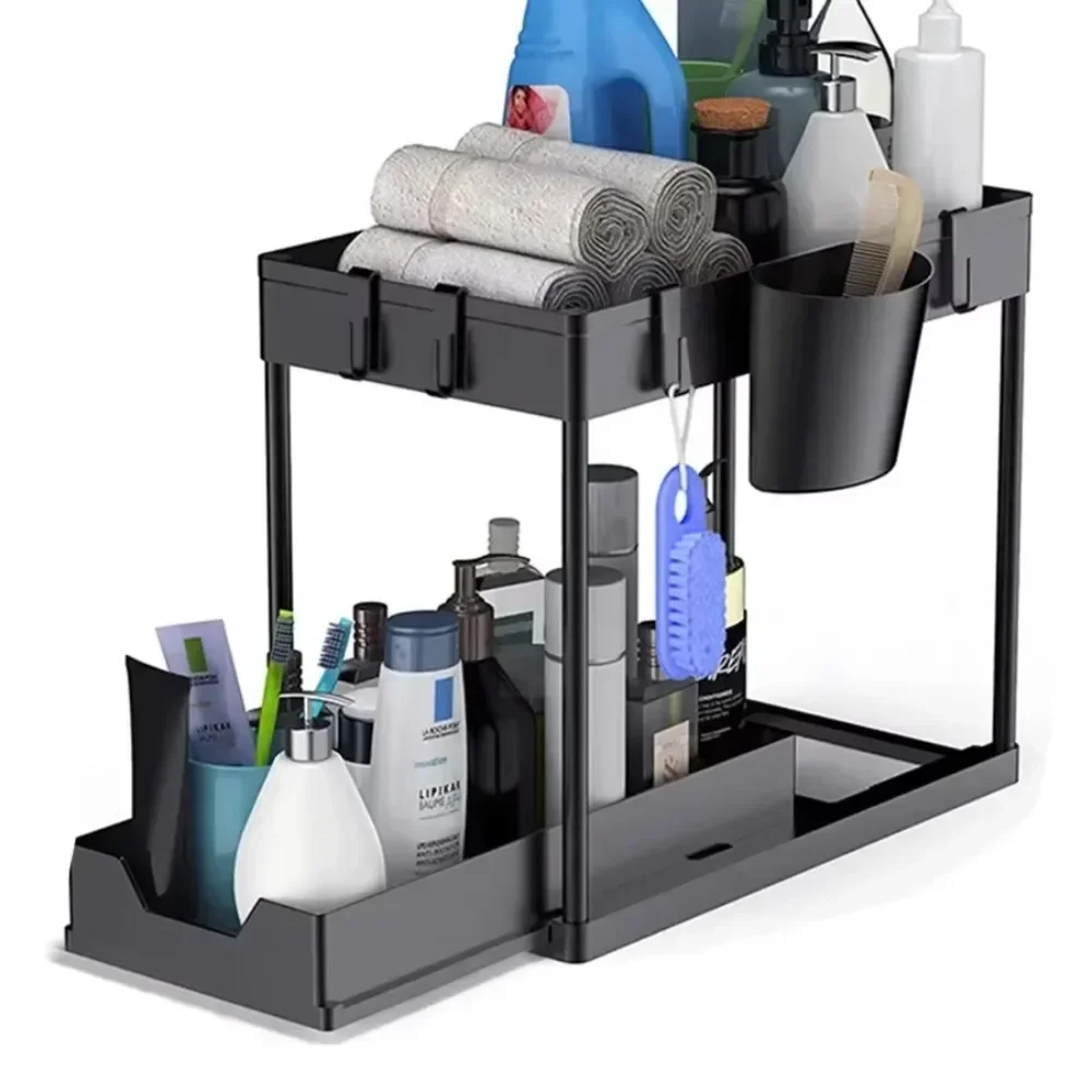 sliding cabinet basket with hooks, under sink organizer, bathroom kitchen space saving rack with hanging cup