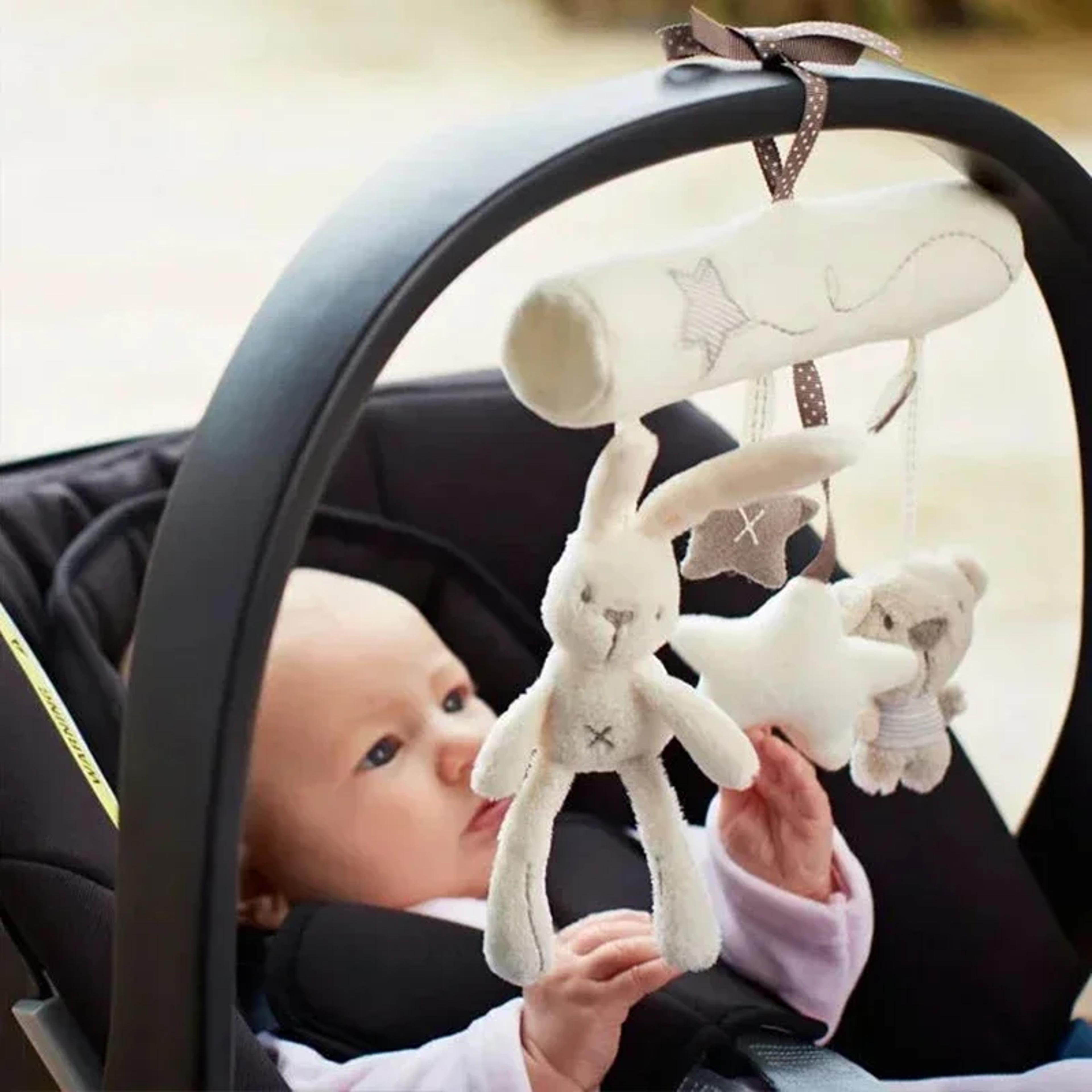 hanging rabbit plush toy, soft animal rattles for baby crib, travel stroller bell plush doll for newborn, car safety