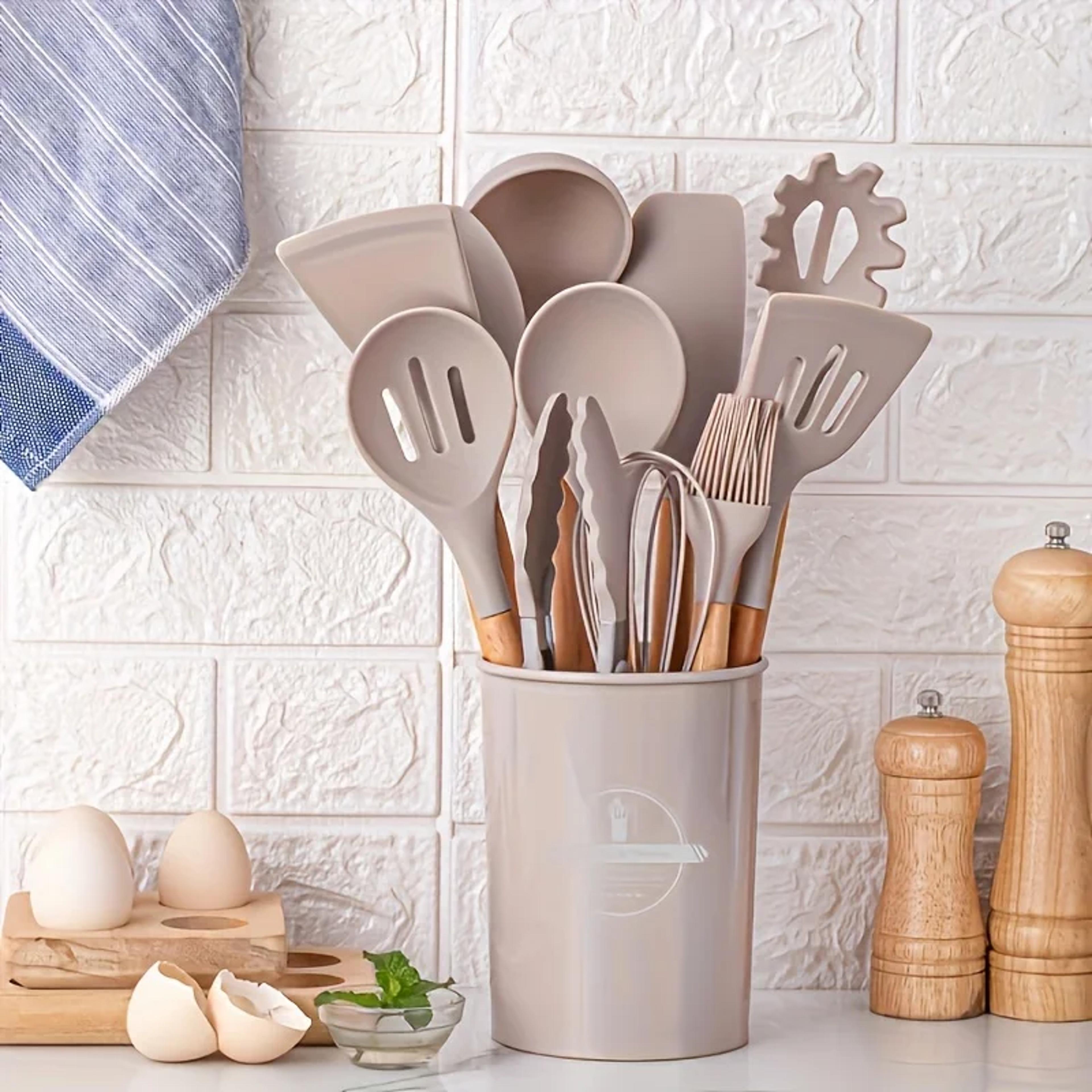 non-stick silicone kitchen utensil set with wooden handles, ladle, whisk, spatula & storage rack for cooking and baking