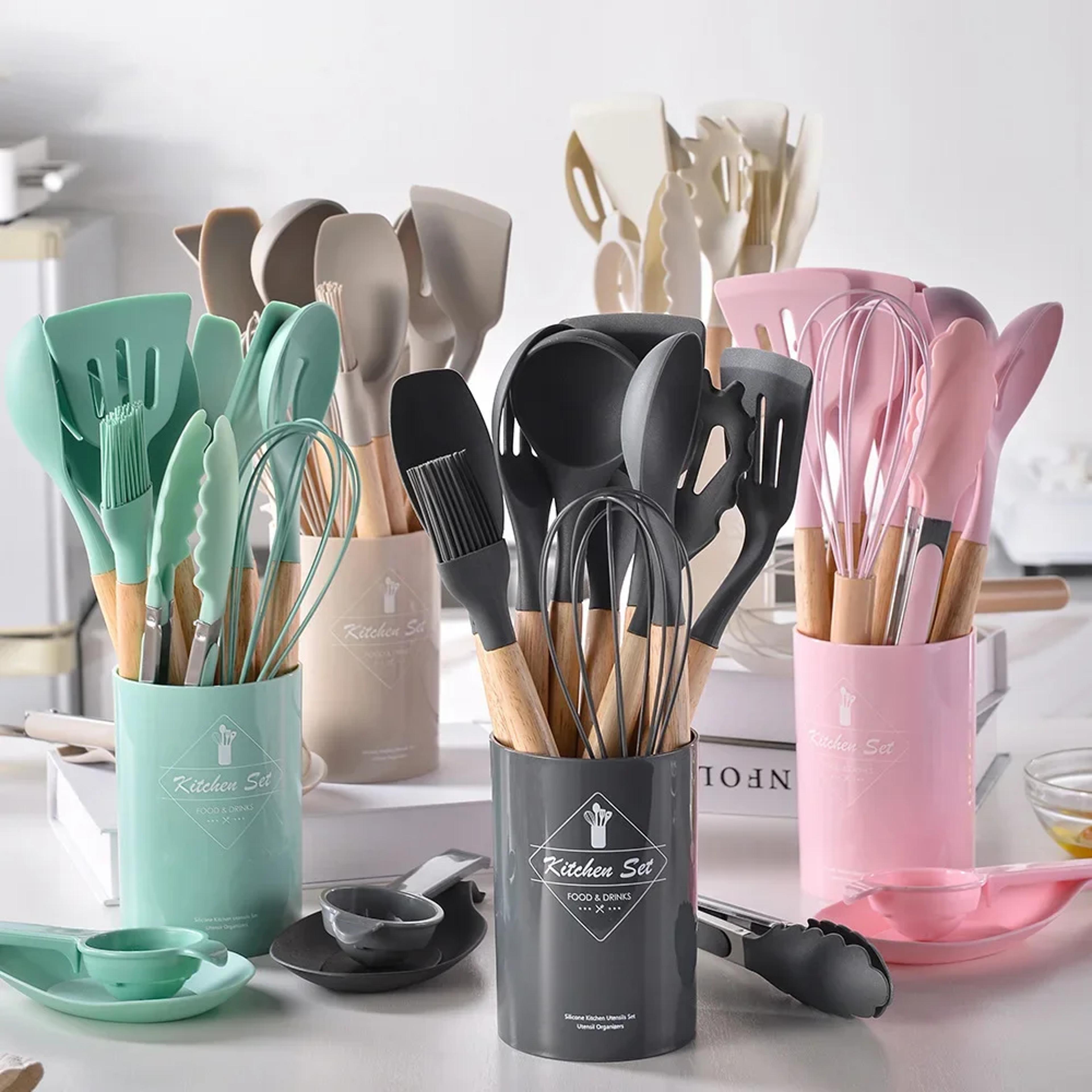 non-stick cooking tools & mint green silicone kitchen utensils set with wooden handle, utensil holder organizer
