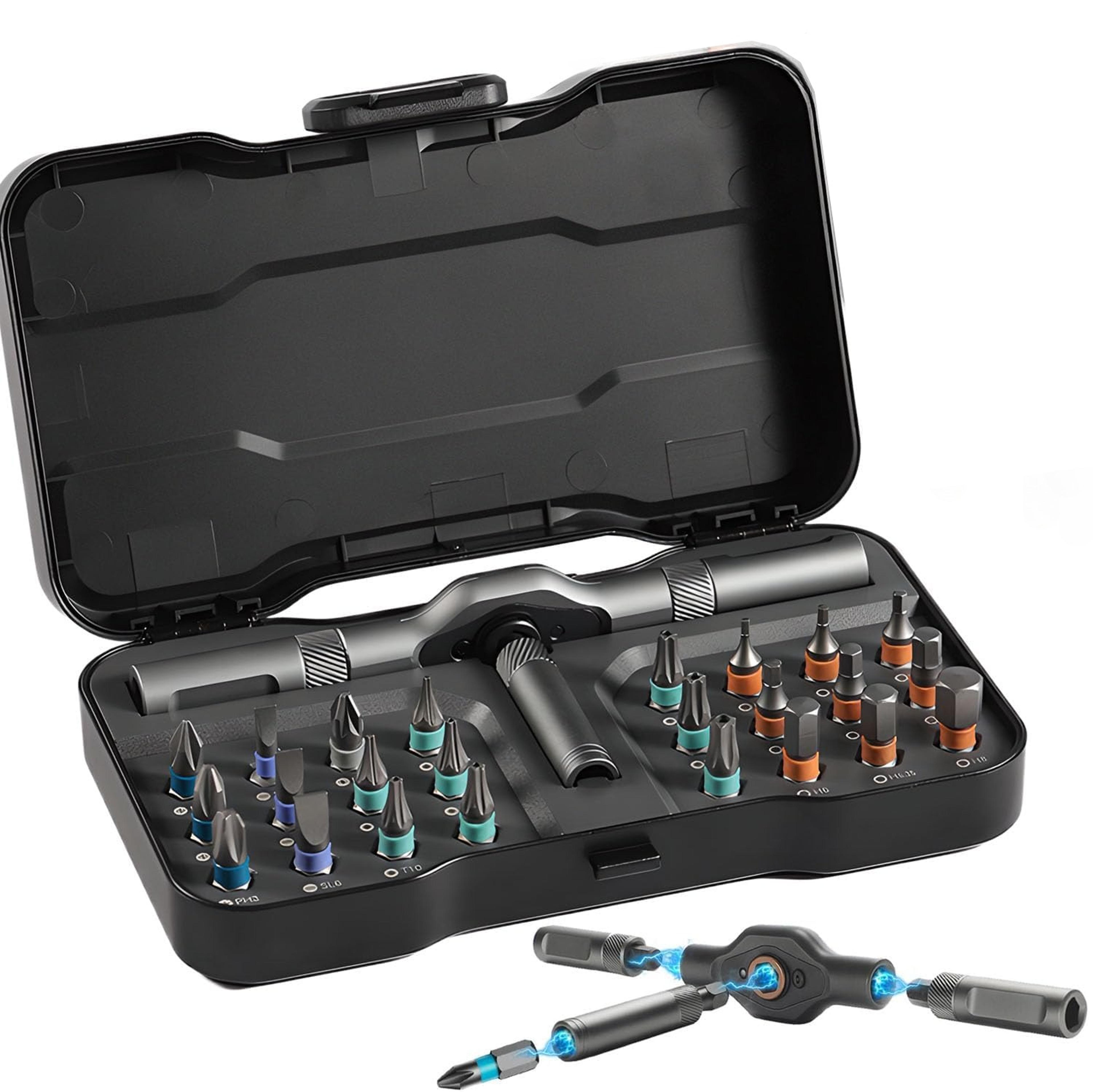 mini repair tool kit, multifunction ratchet screwdriver set with multi magnetic bits for desk & household