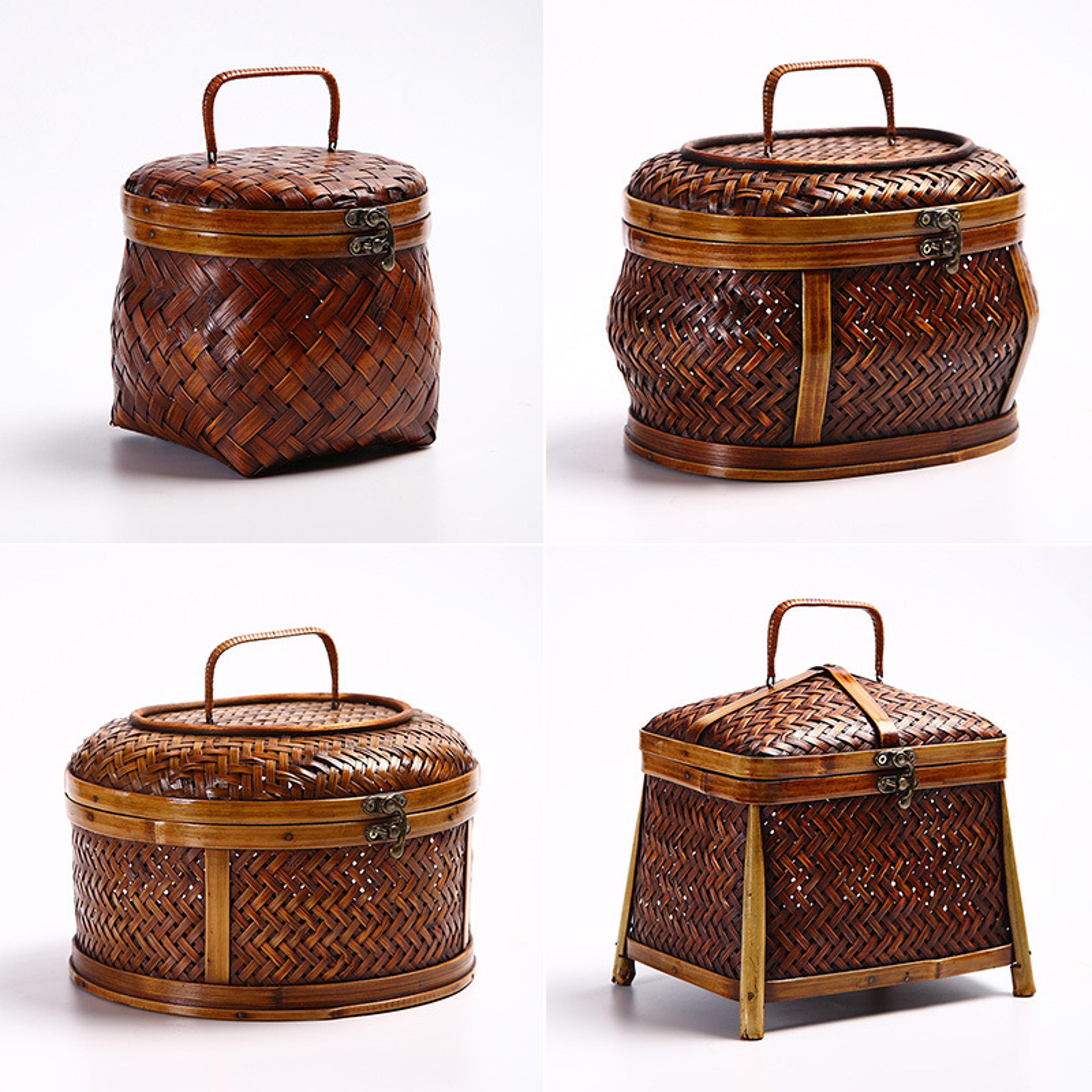 antique tea set organizer, handmade vintage bamboo woven storage box with lid, cosmetic jewelry decorative trunk