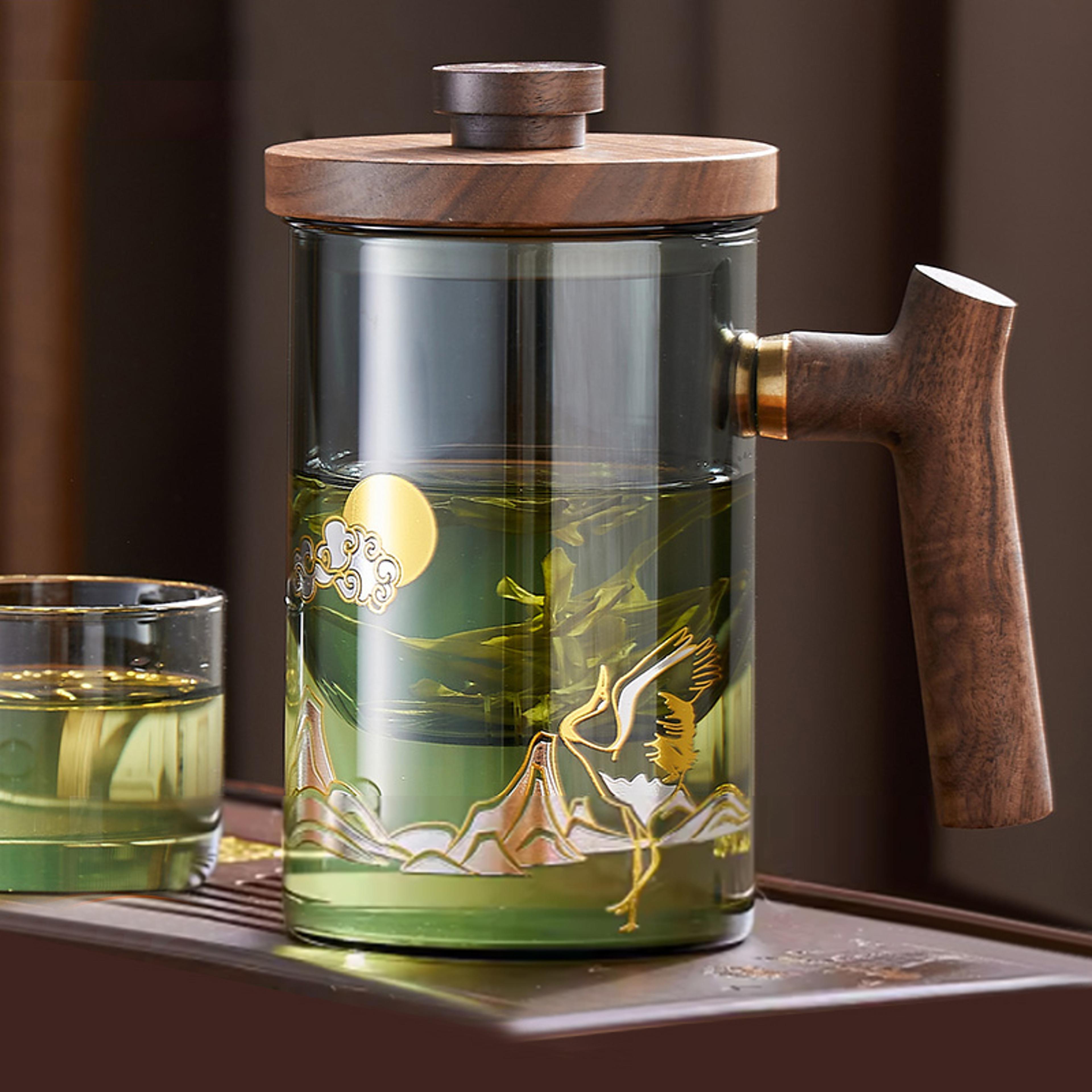 heat resistant glass tea cup with wooden handle, gianxi chinese tea cup with filtered tea strainer for household