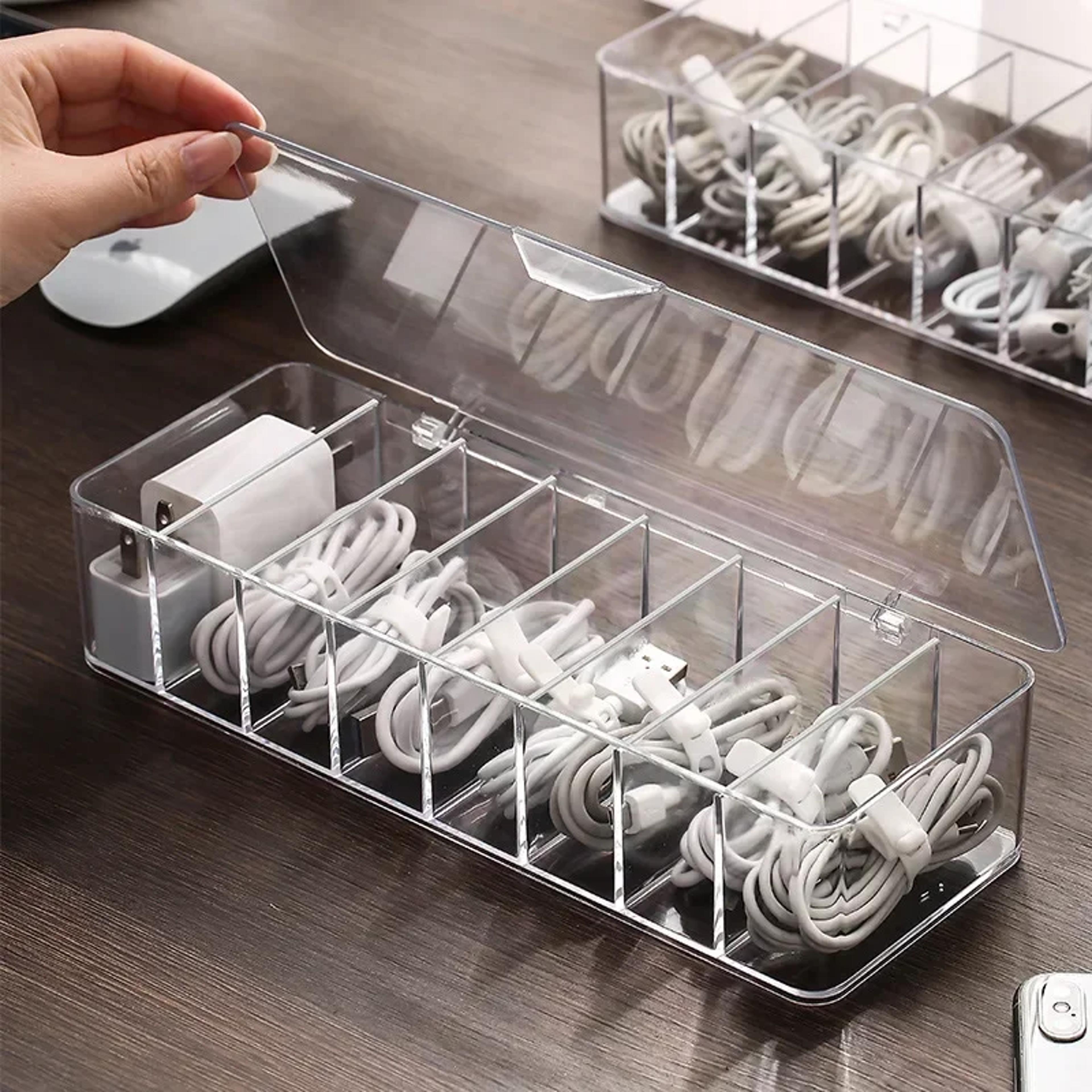 data cable storage box, household charger organizer, transparent plastic cable box with divided compartments for phones