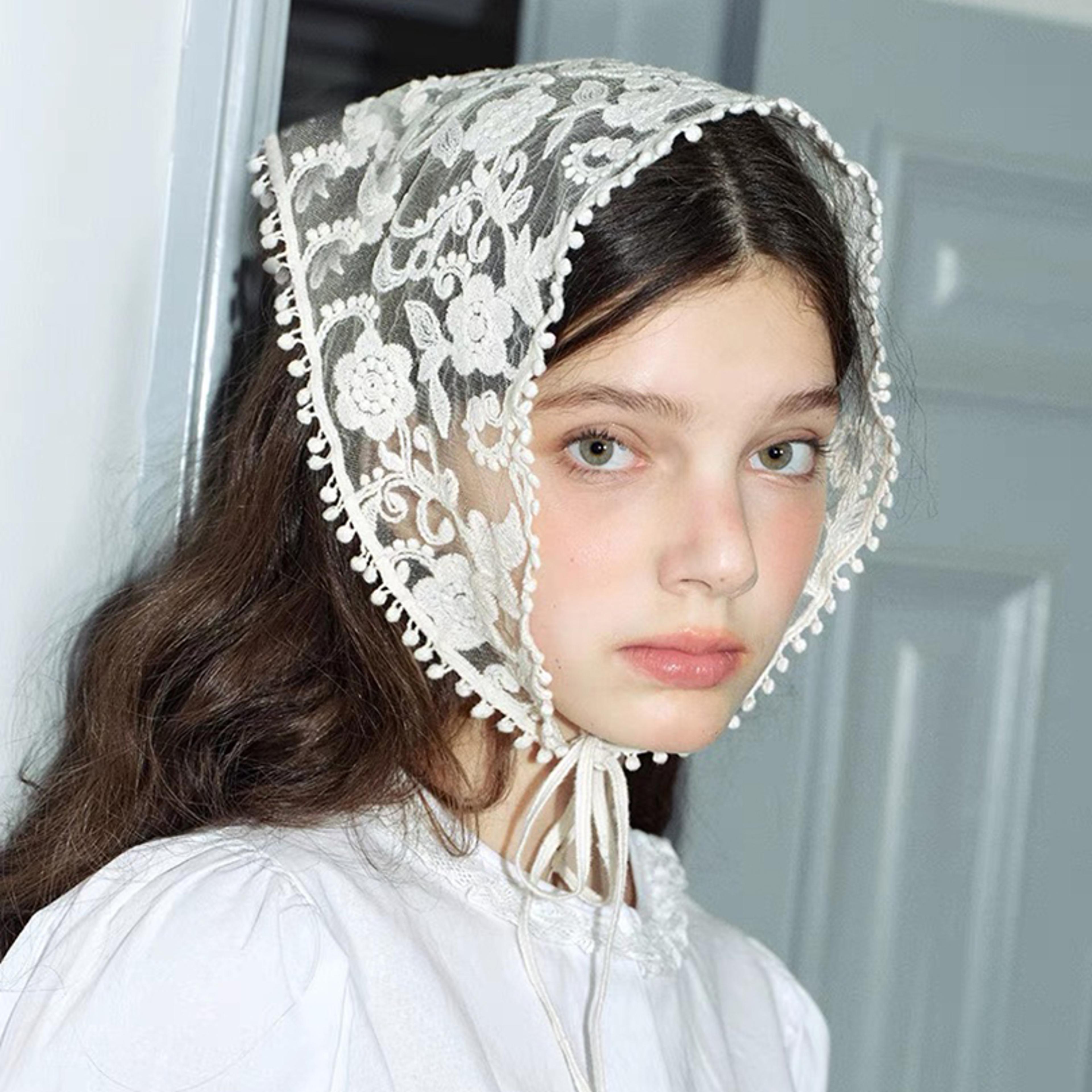 wraps women retro triangle headscarf, white woven floral lace hair scarf hat travel headband accessories