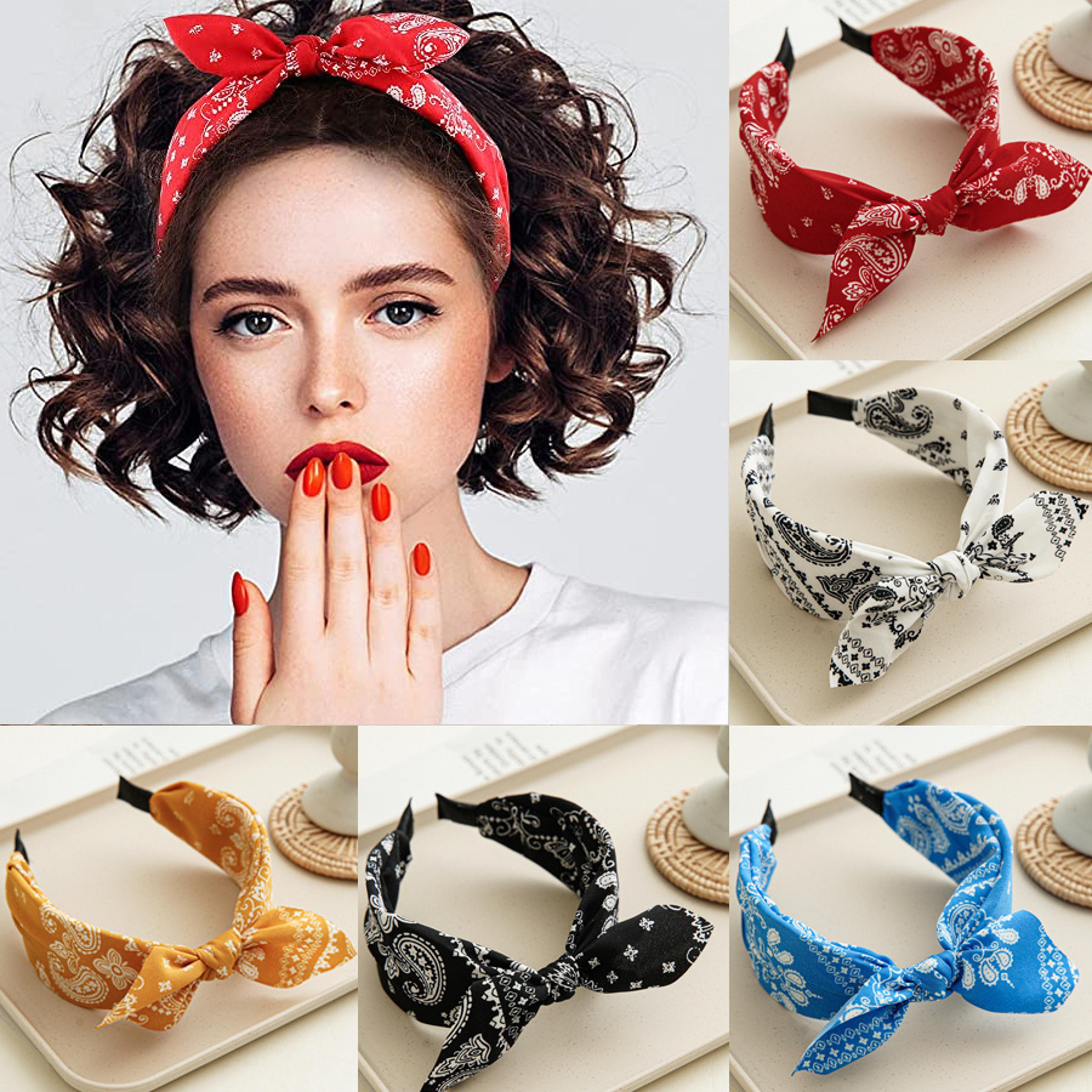 fashion paisley bandana headband for women, cute rabbit ear hair band, top knotted bow turban headwrap accessories