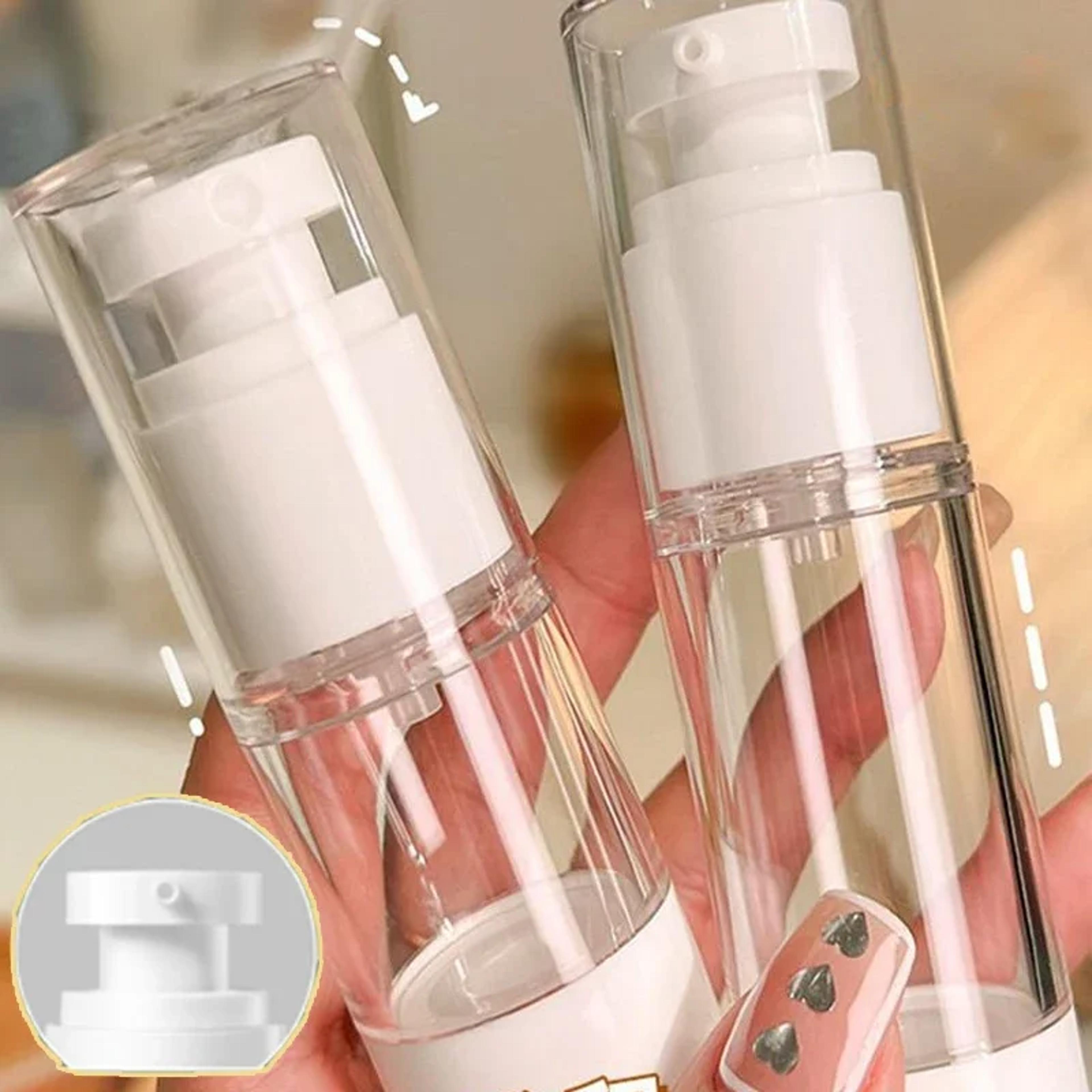 refillable travel airless container, clear cream pump bottle, reusable makeup dispenser, portable