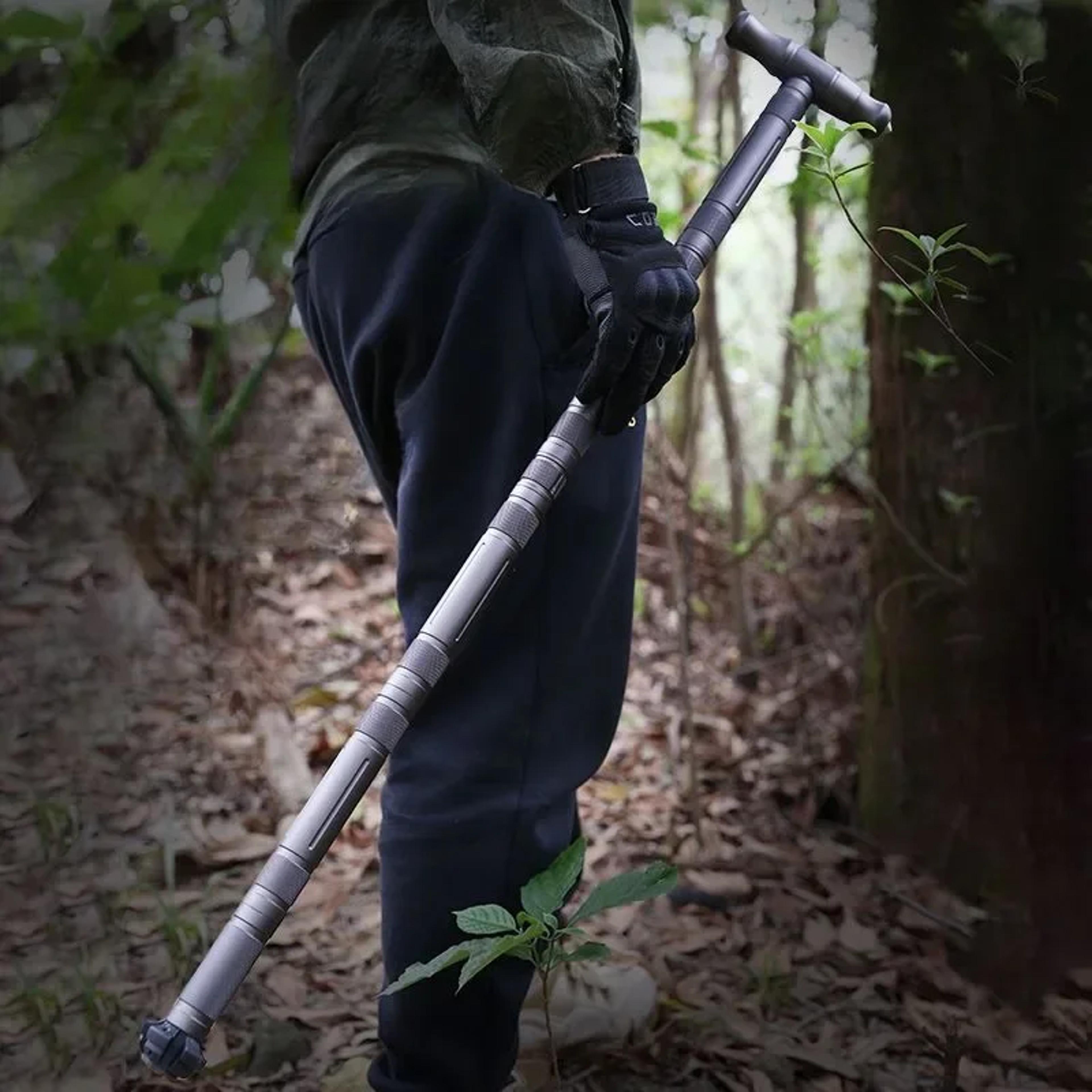portable folding walking stick, tungsten steel alpenstock, t-type self-defense stick for camping and hiking
