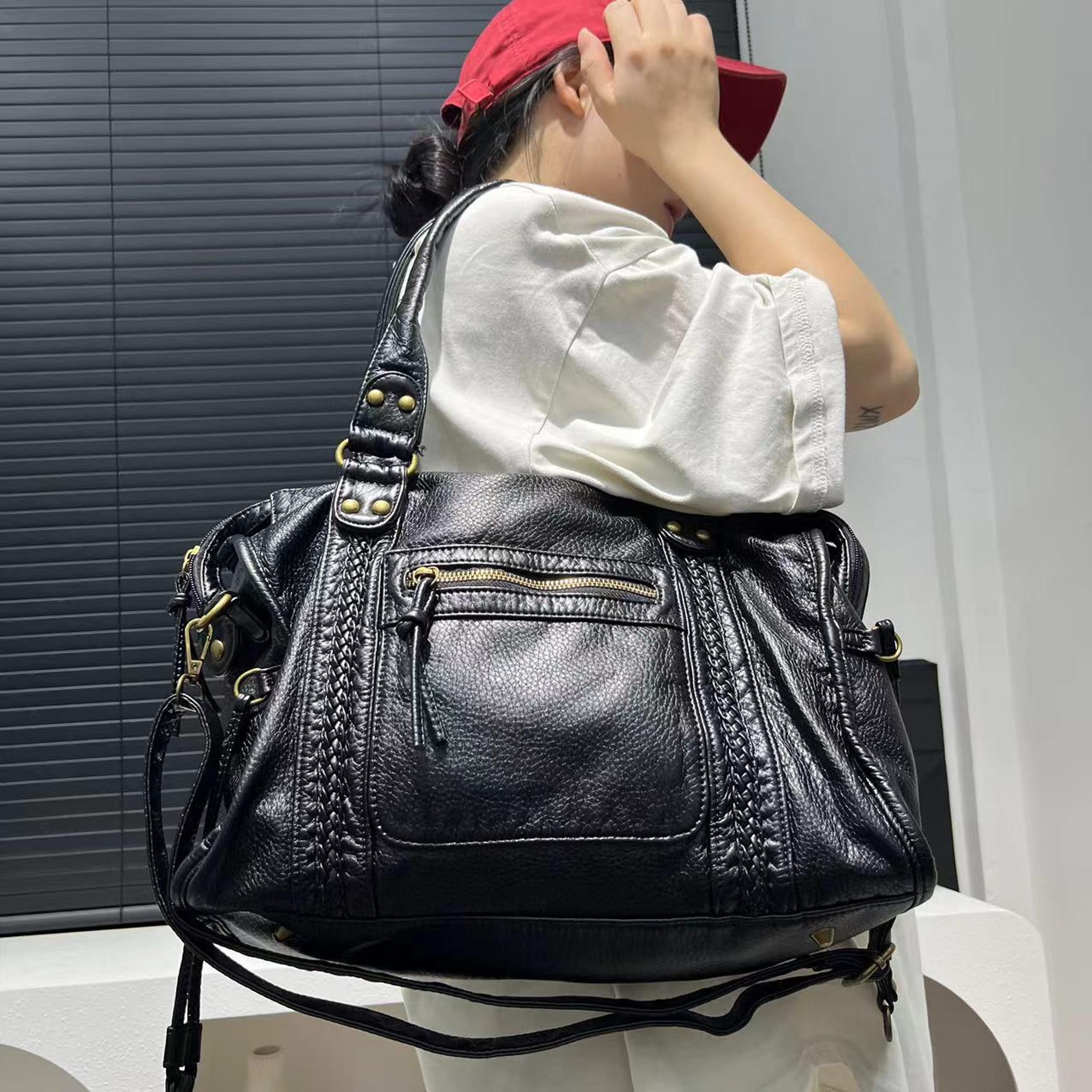 washed distressed shoulder motorcycle bag, large capacity crossbody handbag