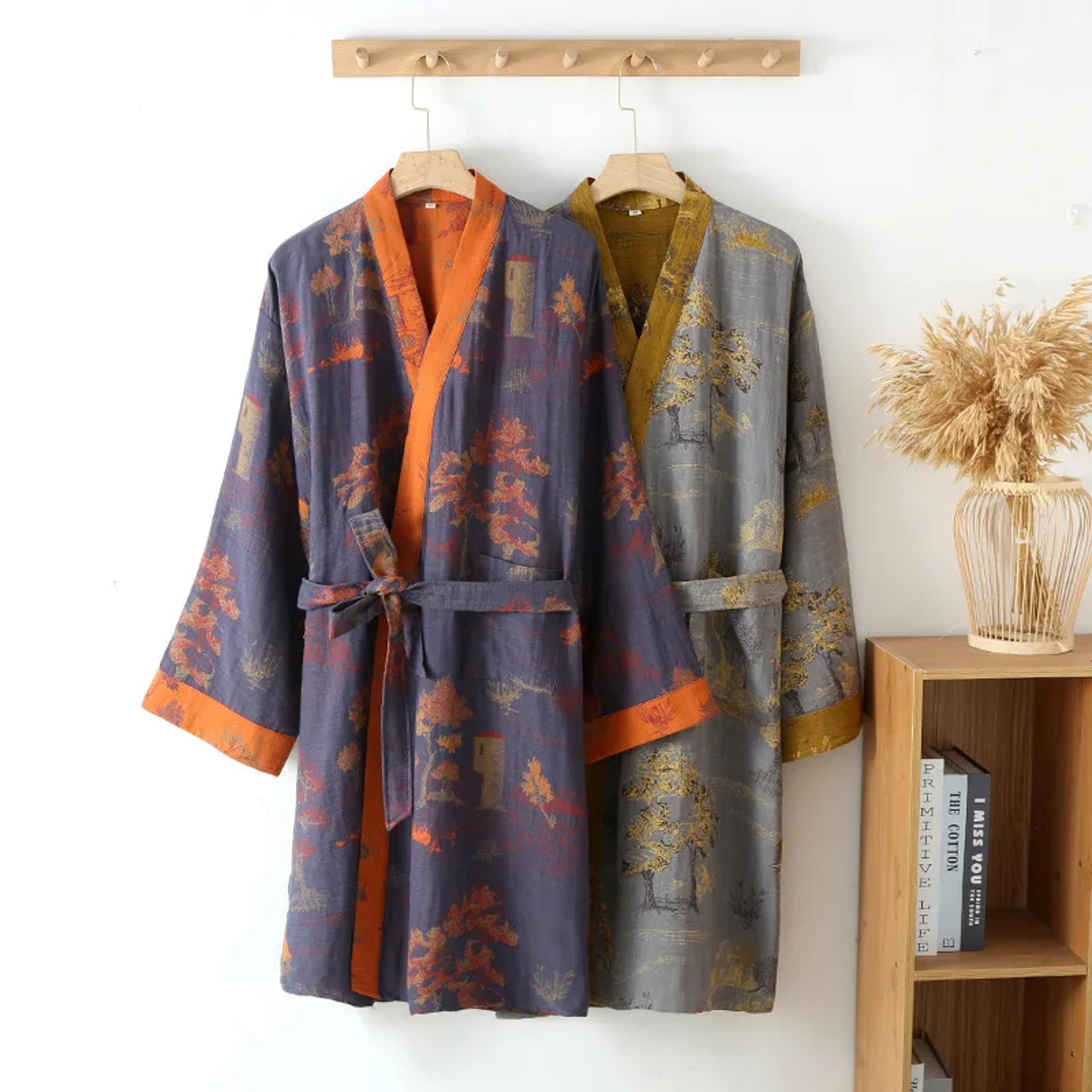 jacquard thin printed robes with belt for men, medium length summer pajamas, breathable bathrobe