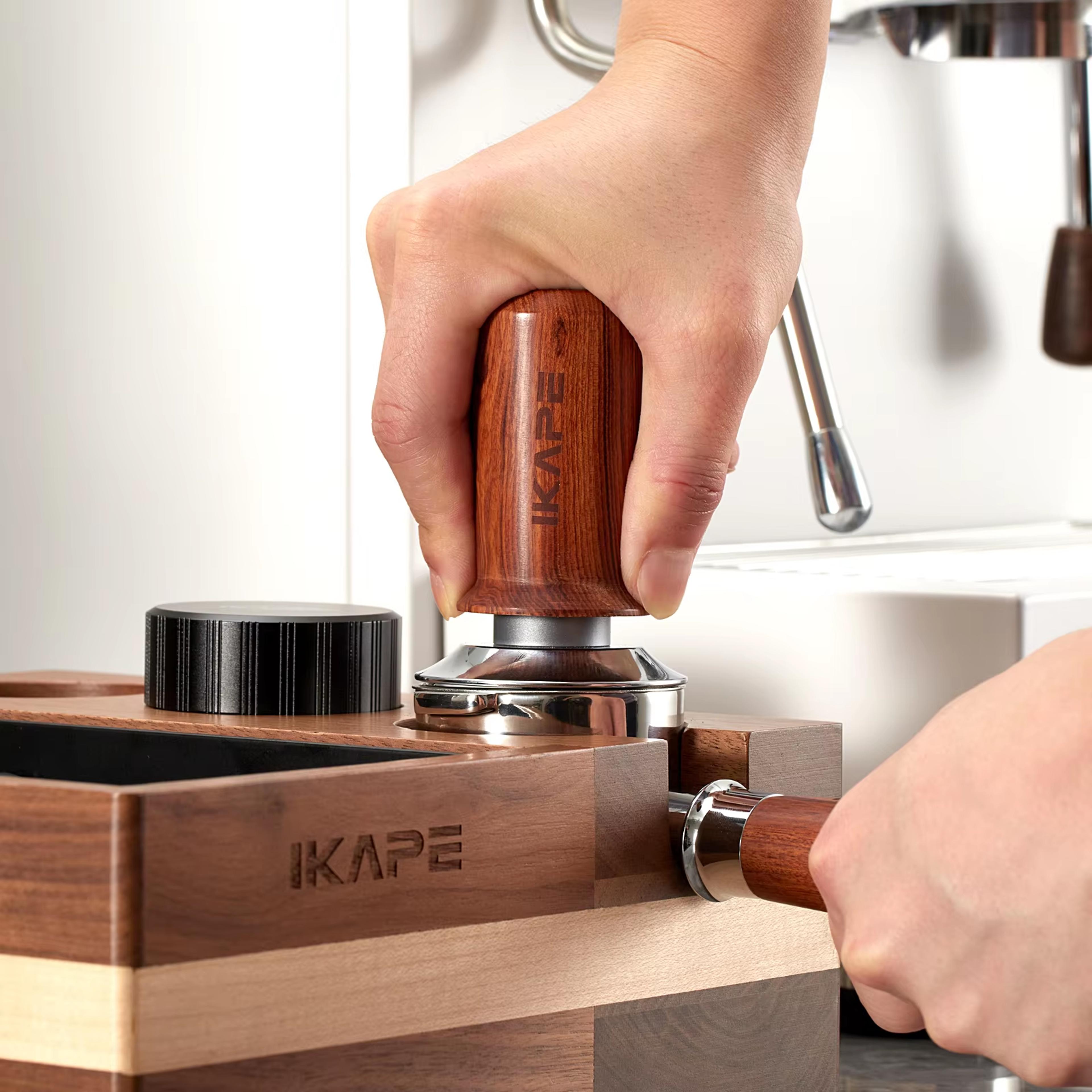 espresso walnut tamper, spring loaded with titanium pvd coating