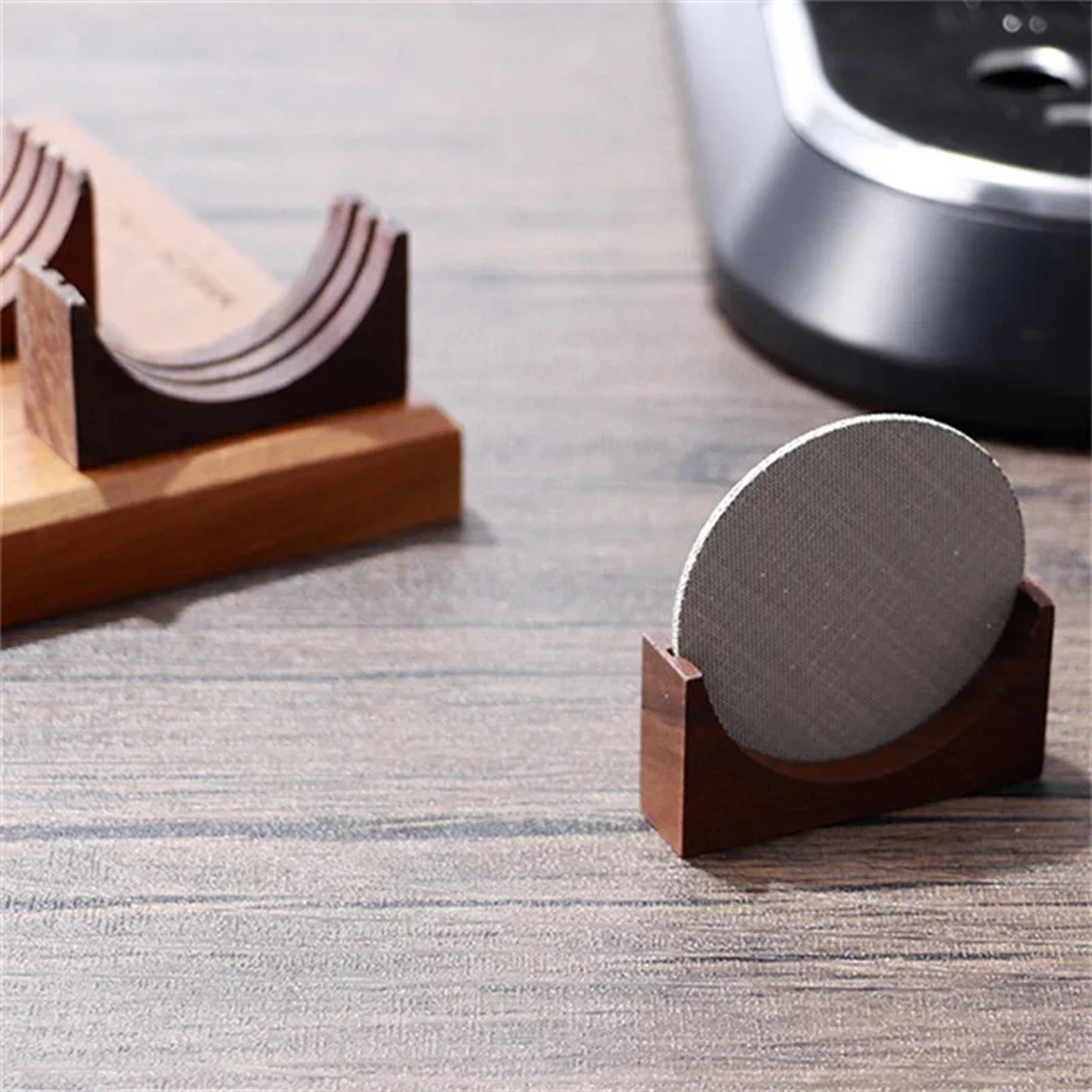 coffee puck screen stand, espresso universal filter storage rack, wooden filter stand